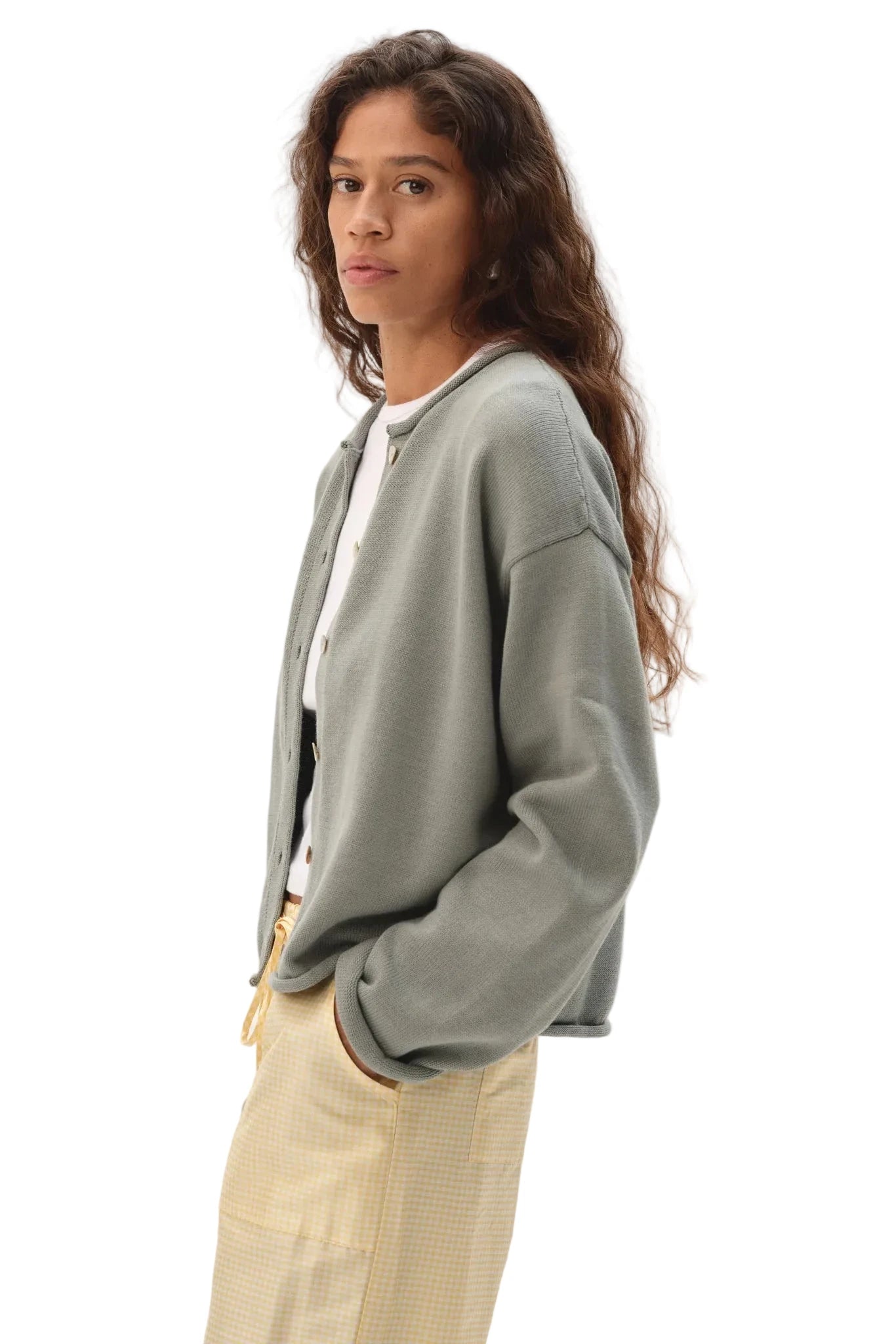 DONNI. Cotton Knit Roll Cardigan in Sage