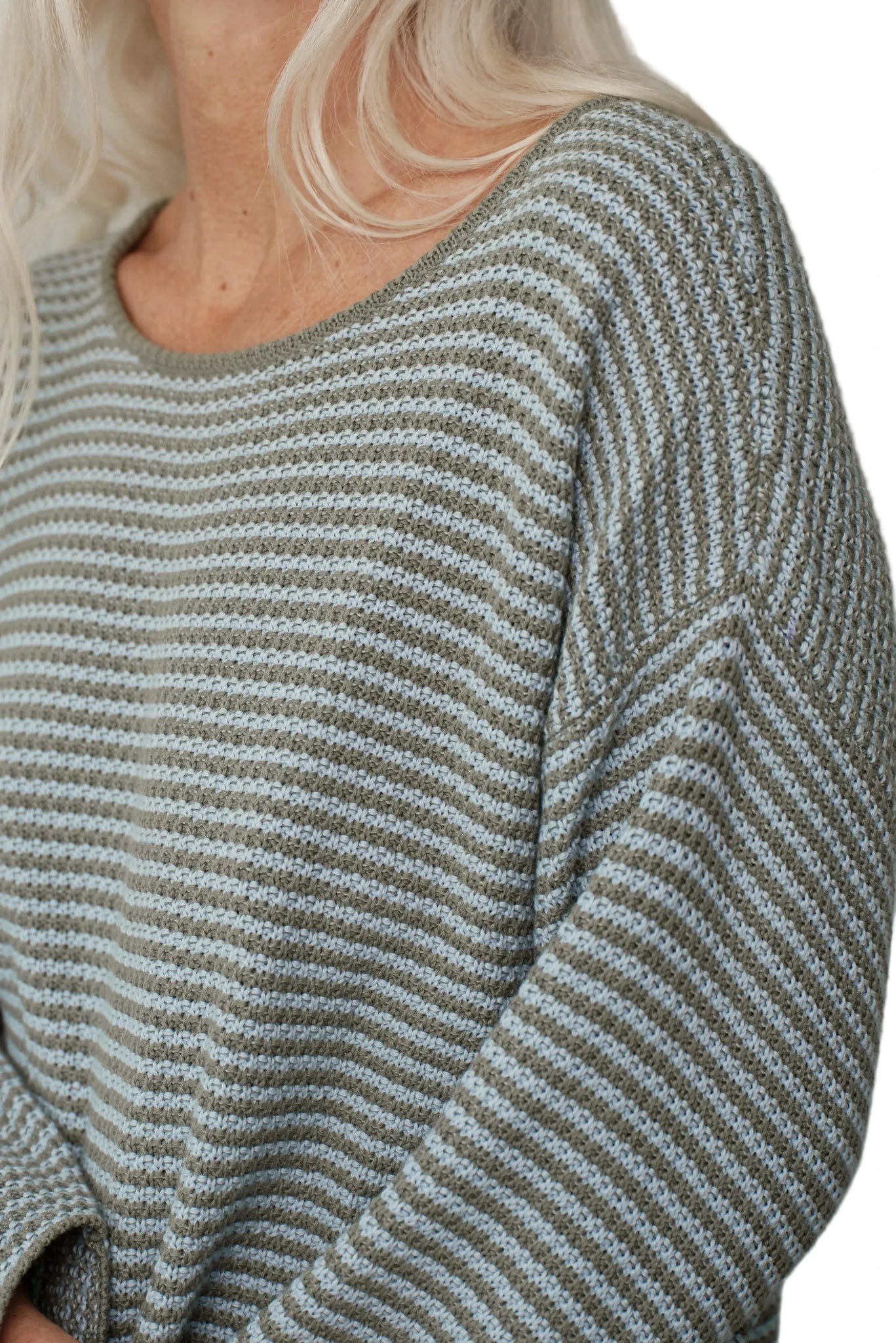DONNI. Cotton Knit Stripe Sweater in Dill/Cloud