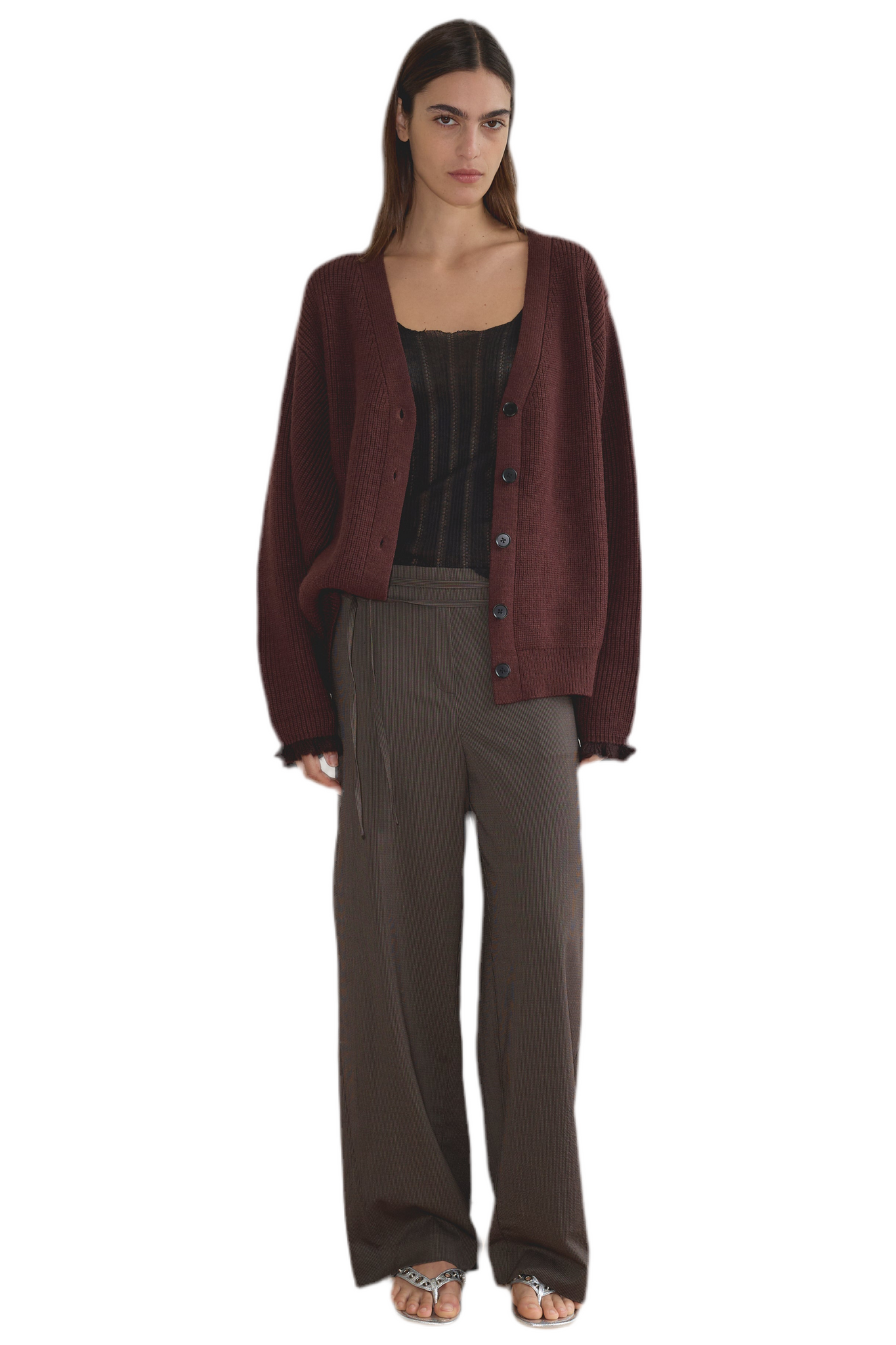 Deiji Studios Flounce Cardigan in Burgundy