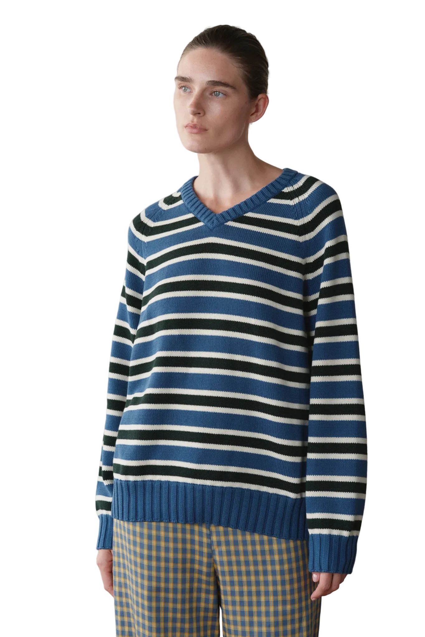 DONNI. Cotton Knit Stripe V-Neck Sweater in Lake/Creme/Fir