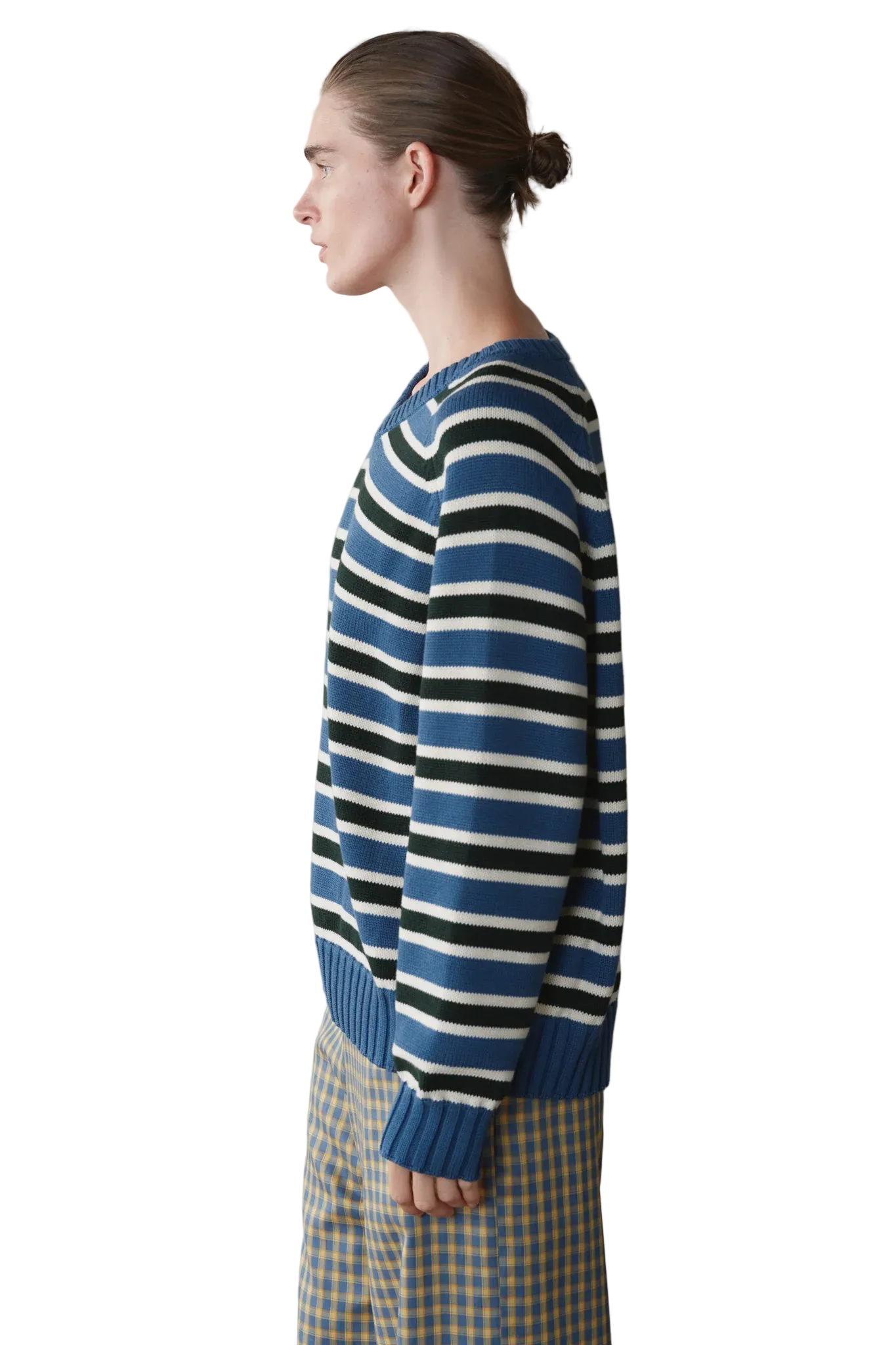 DONNI. Cotton Knit Stripe V-Neck Sweater in Lake/Creme/Fir