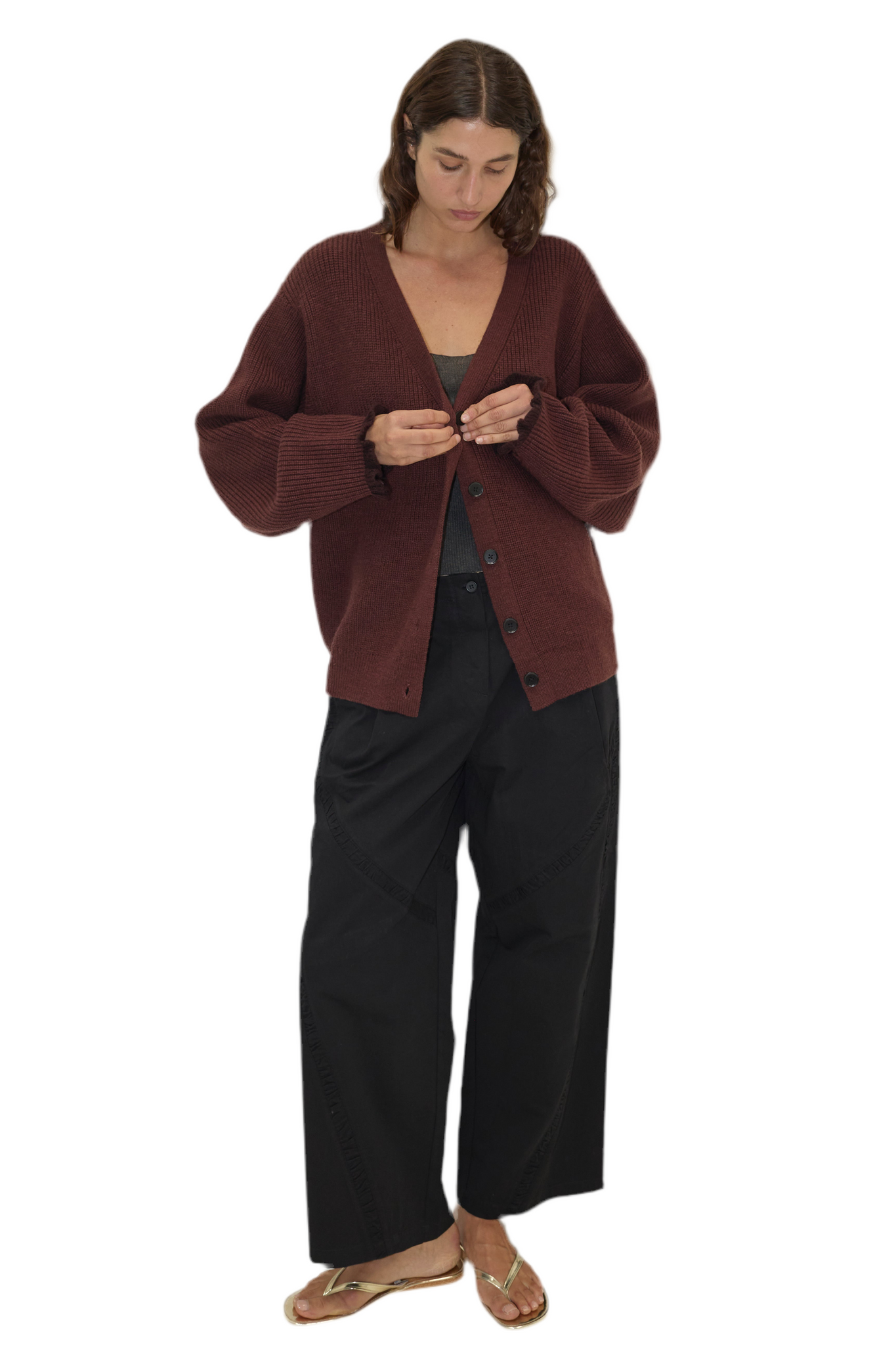Deiji Studios Flounce Cardigan in Burgundy