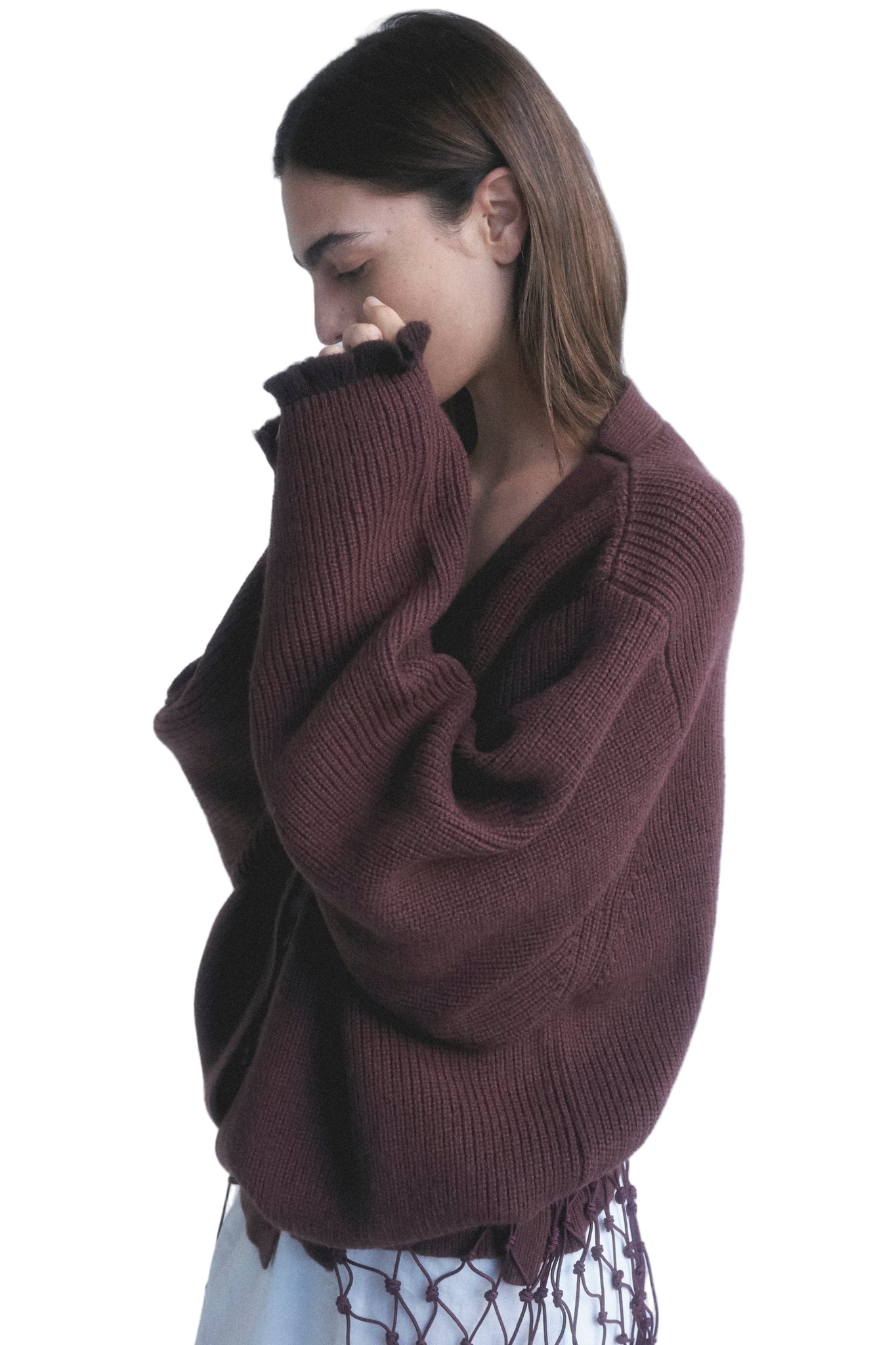Deiji Studios Flounce Cardigan in Burgundy