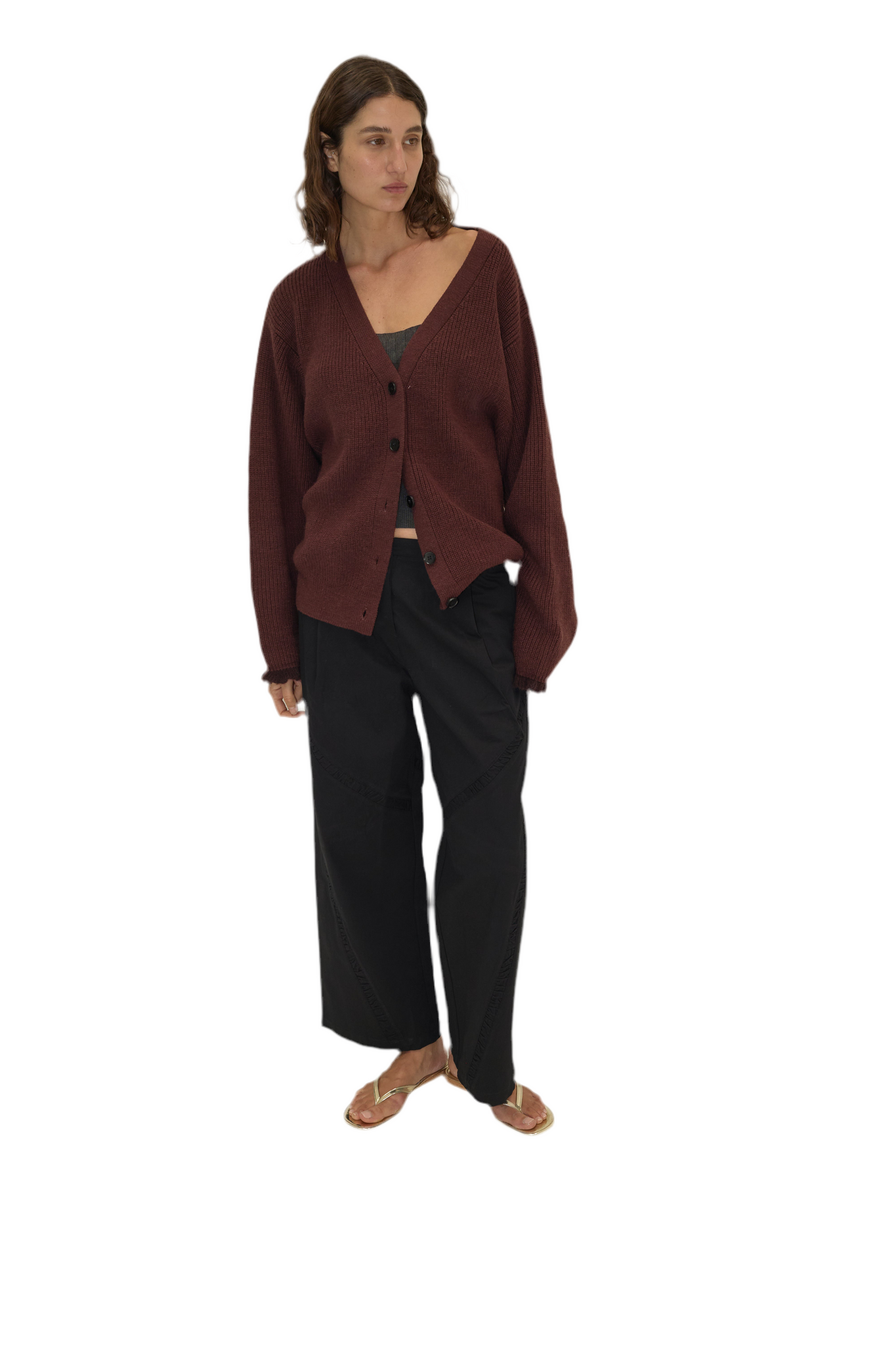 Deiji Studios Flounce Cardigan in Burgundy