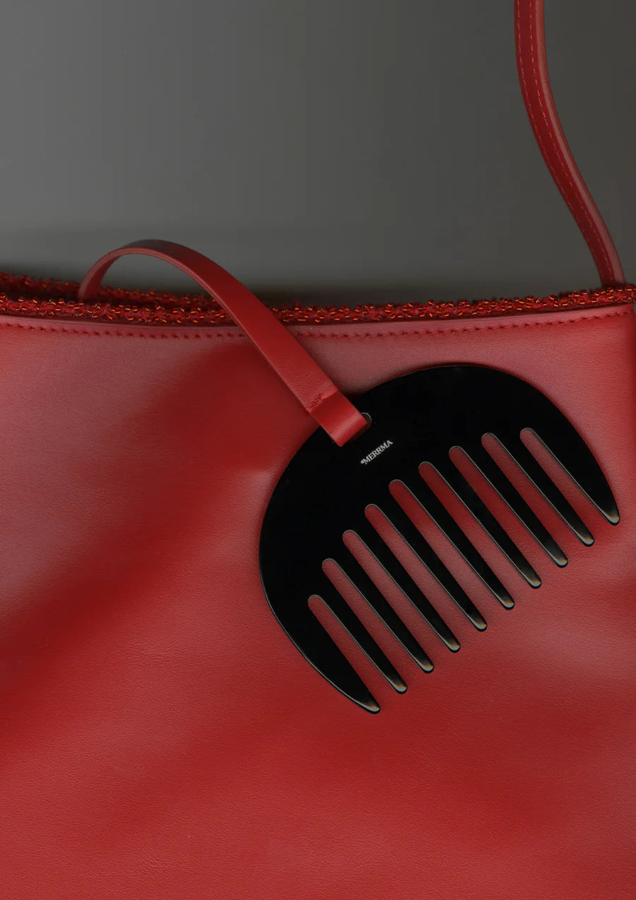 Merrma Earth Bead Leather Bag with Comb in Red Cinnabar