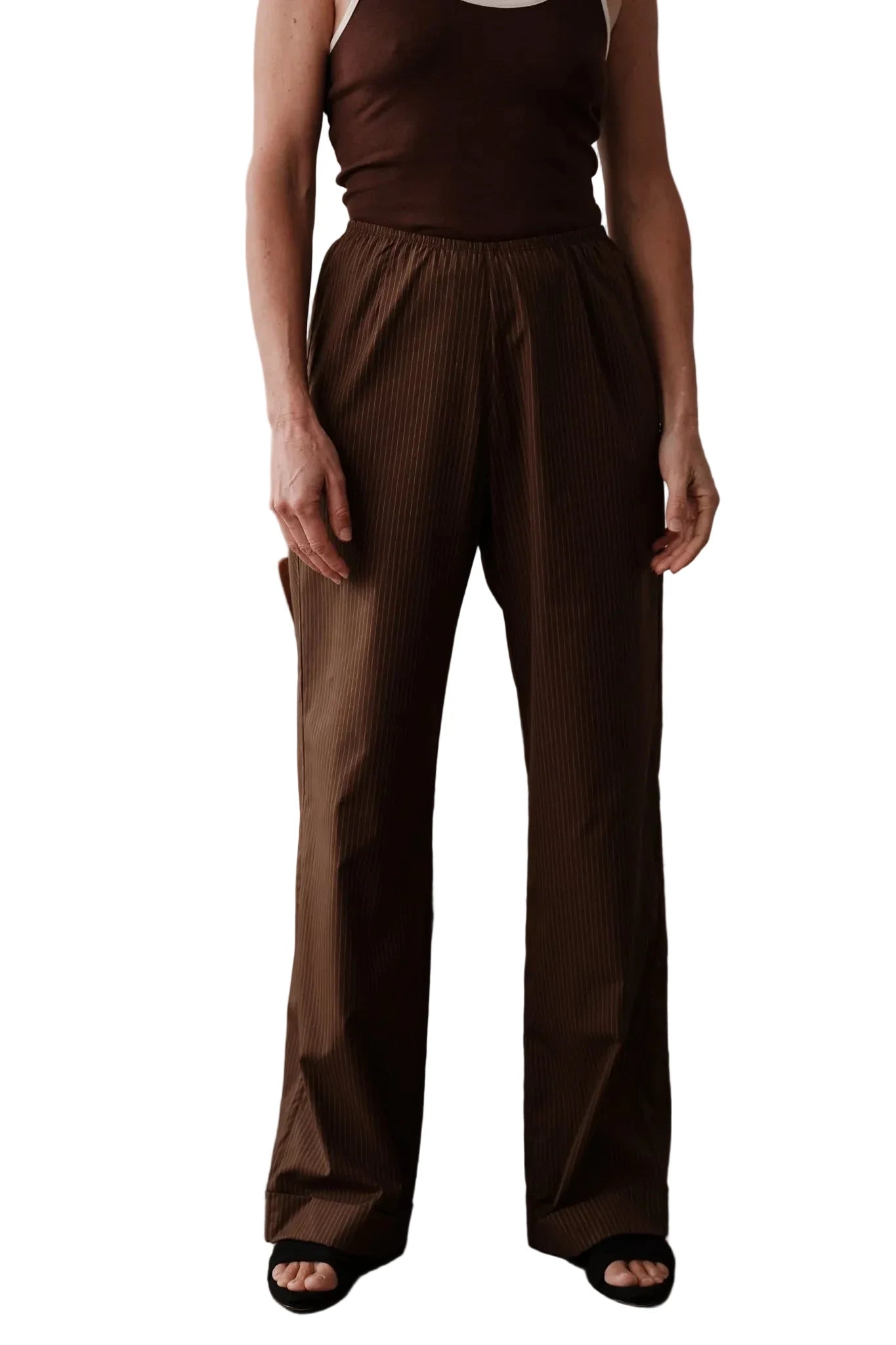 DONNI. Pop Pinstripe Cuff Simple Pant in Walnut