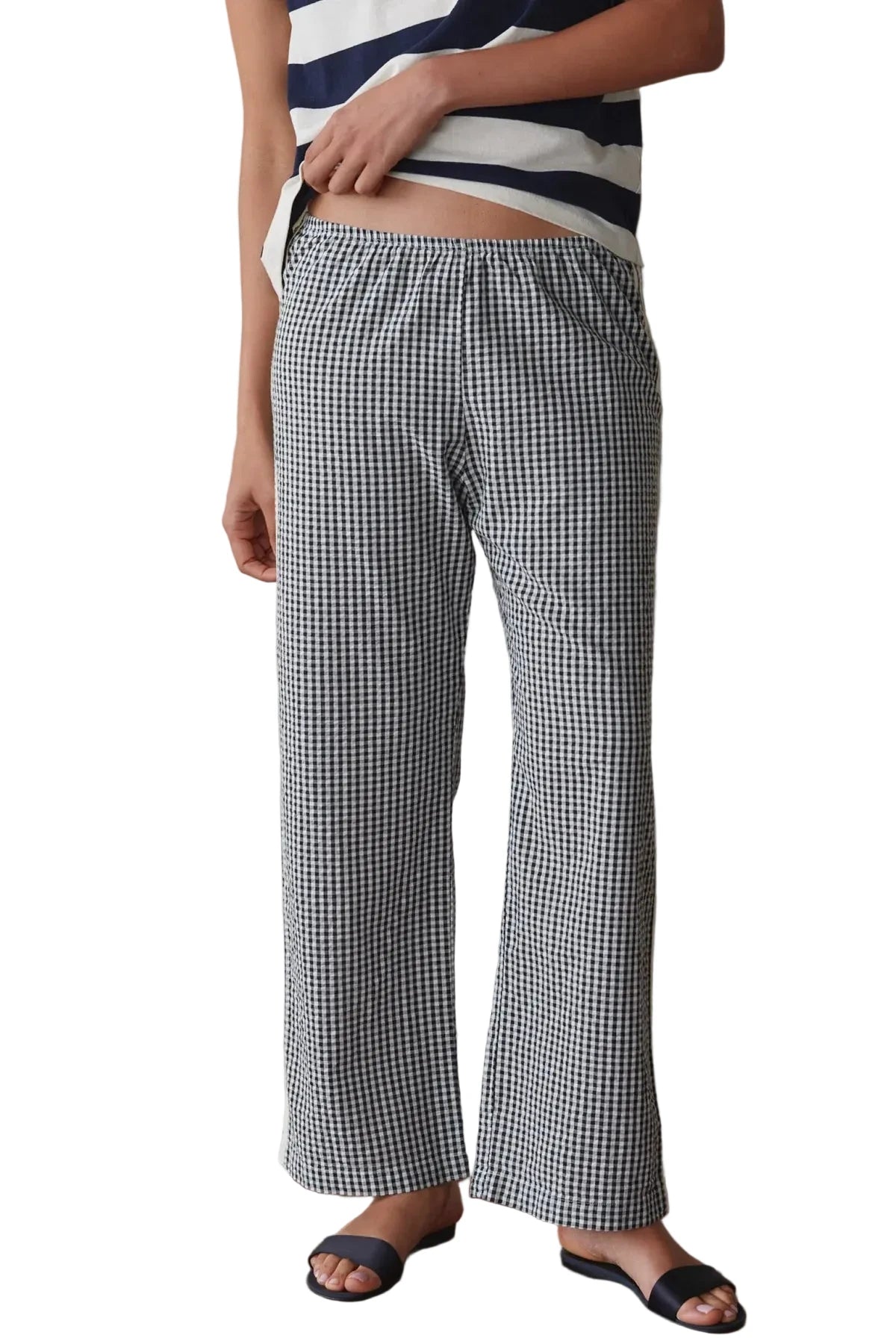 DONNI. Cotton Gingham Stripe Crop Pant in Jet