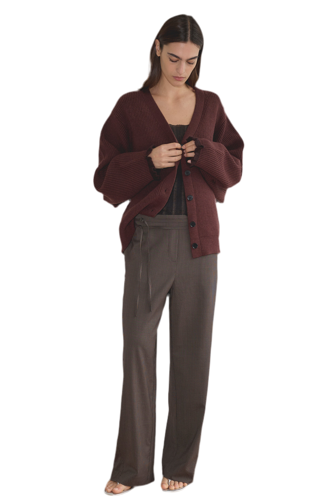 Deiji Studios Flounce Cardigan in Burgundy