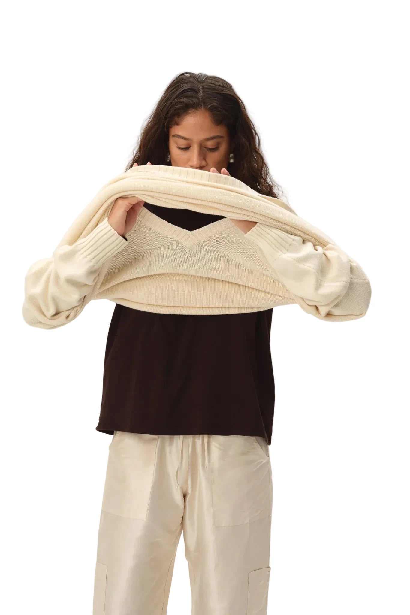 DONNI. Cotton Knit V-Neck Sweater in Creme