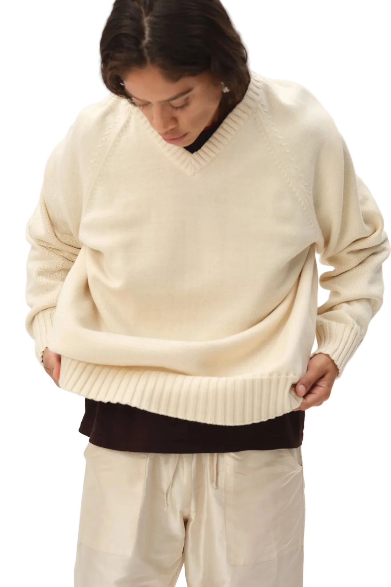 DONNI. Cotton Knit V-Neck Sweater in Creme