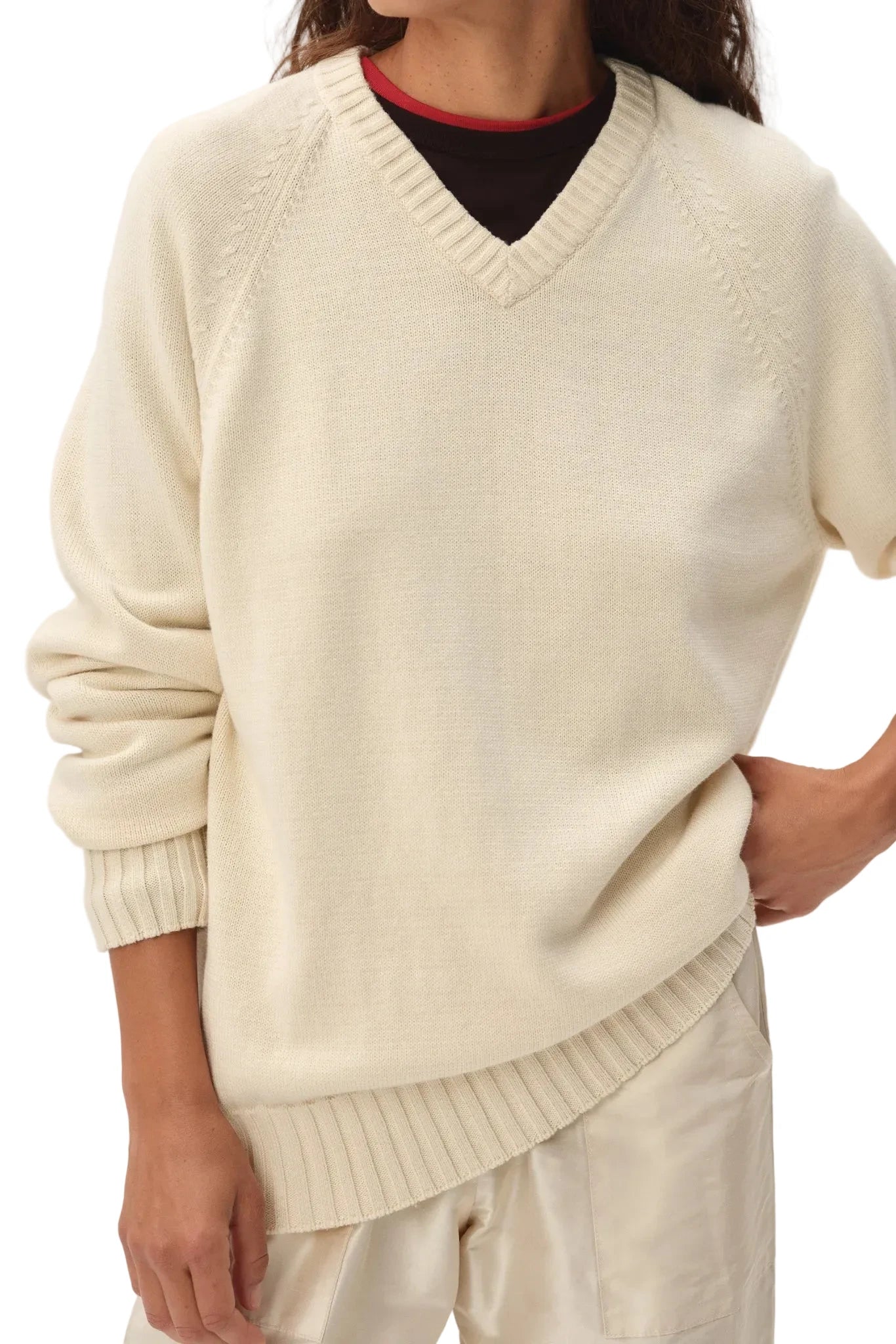 DONNI. Cotton Knit V-Neck Sweater in Creme