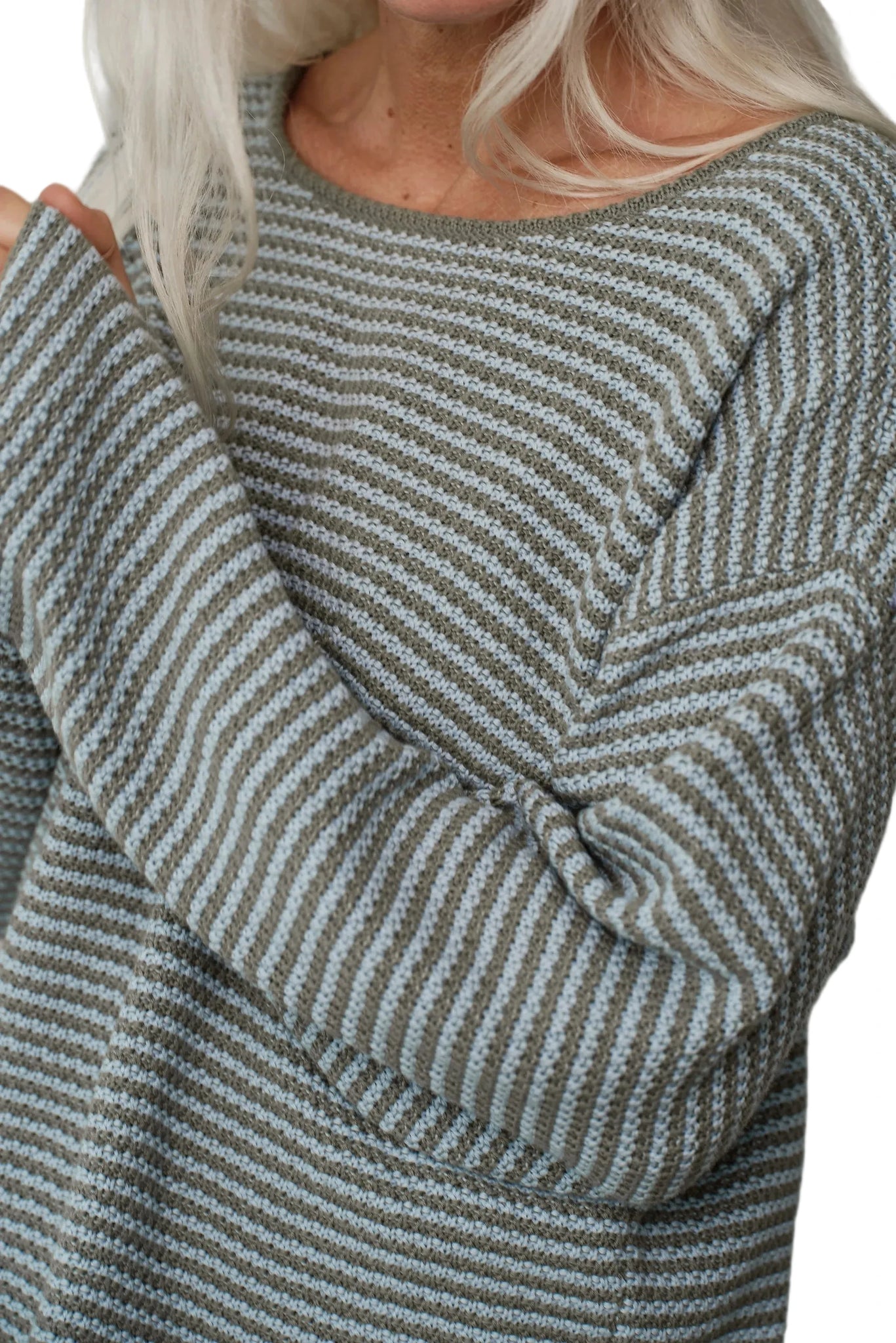 DONNI. Cotton Knit Stripe Sweater in Dill/Cloud