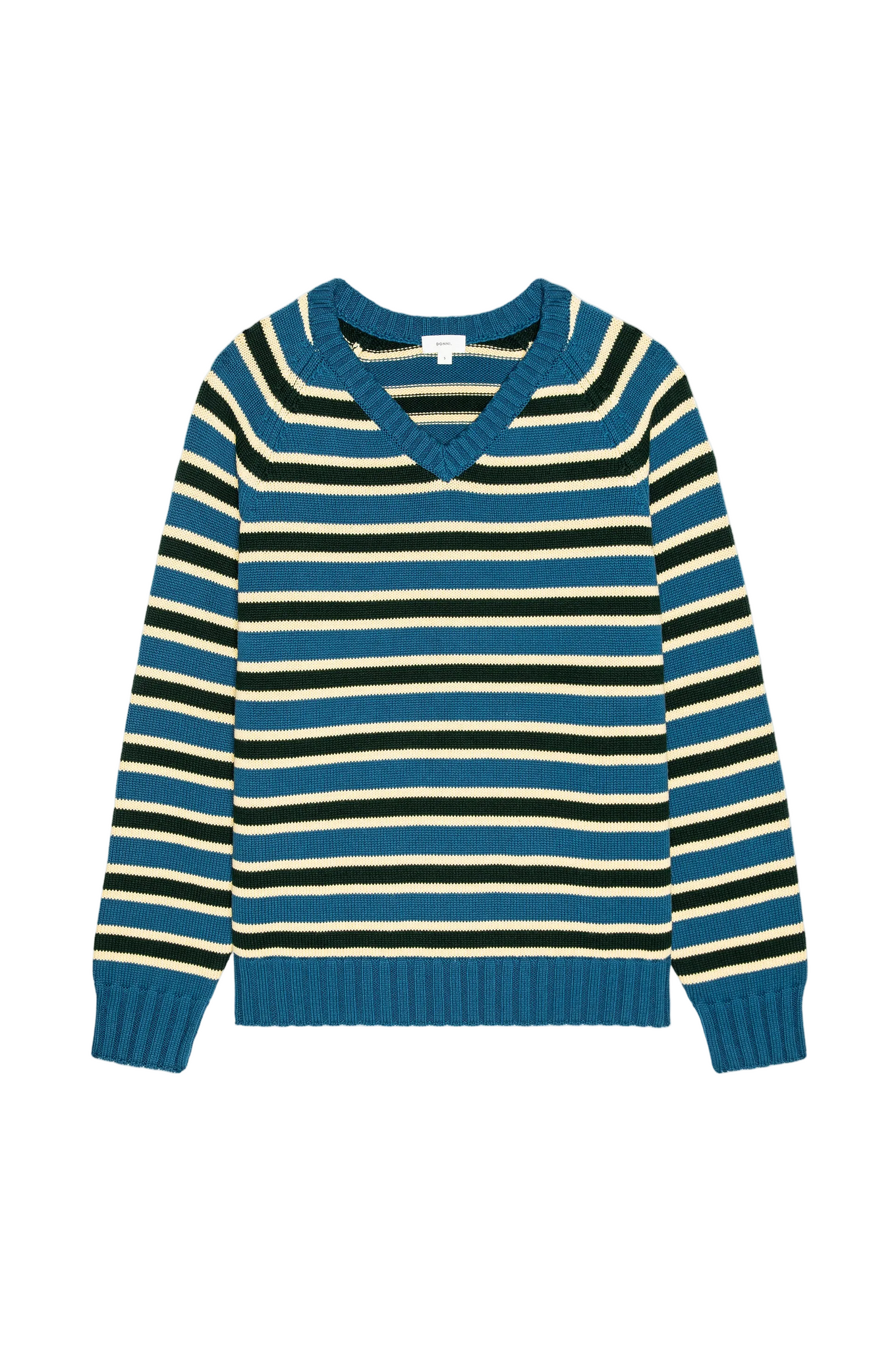DONNI. Cotton Knit Stripe V-Neck Sweater in Lake/Creme/Fir