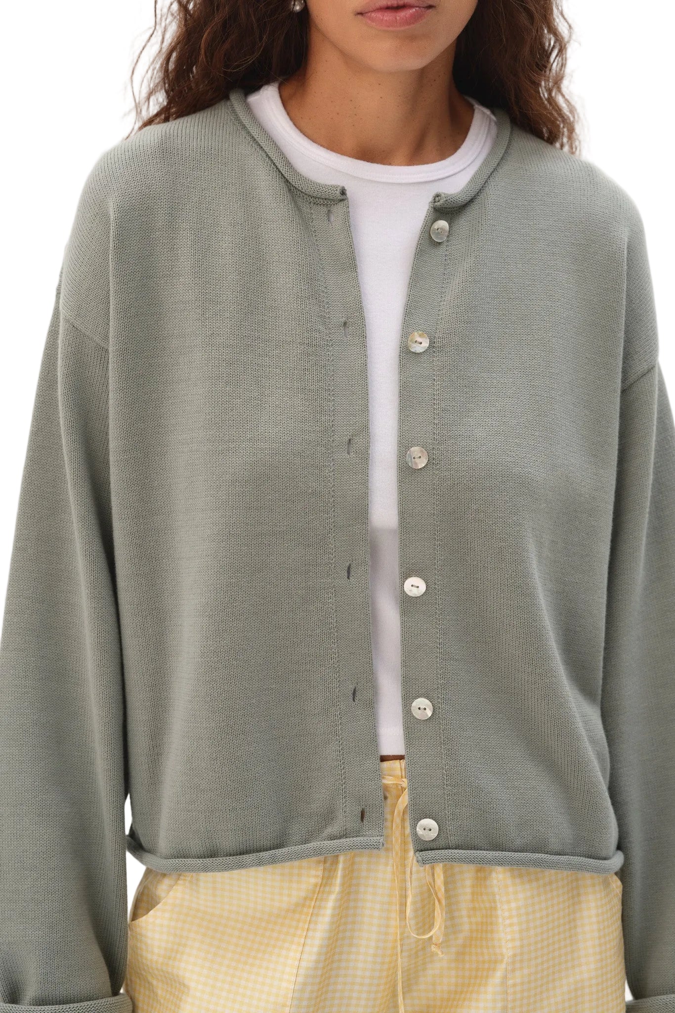 DONNI. Cotton Knit Roll Cardigan in Sage