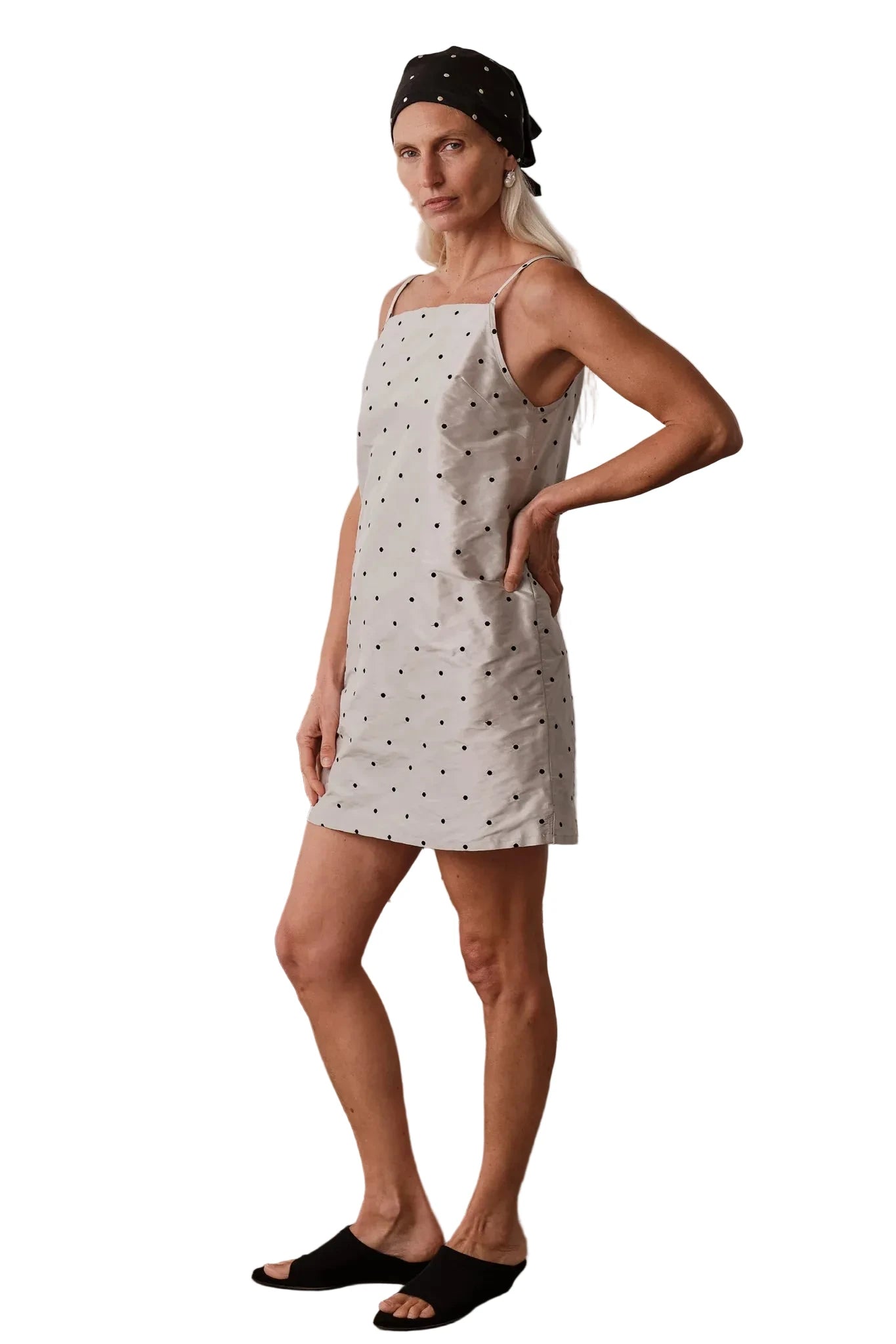 DONNI. Taffeta Mini Dress in Silver/Black Polka Dots