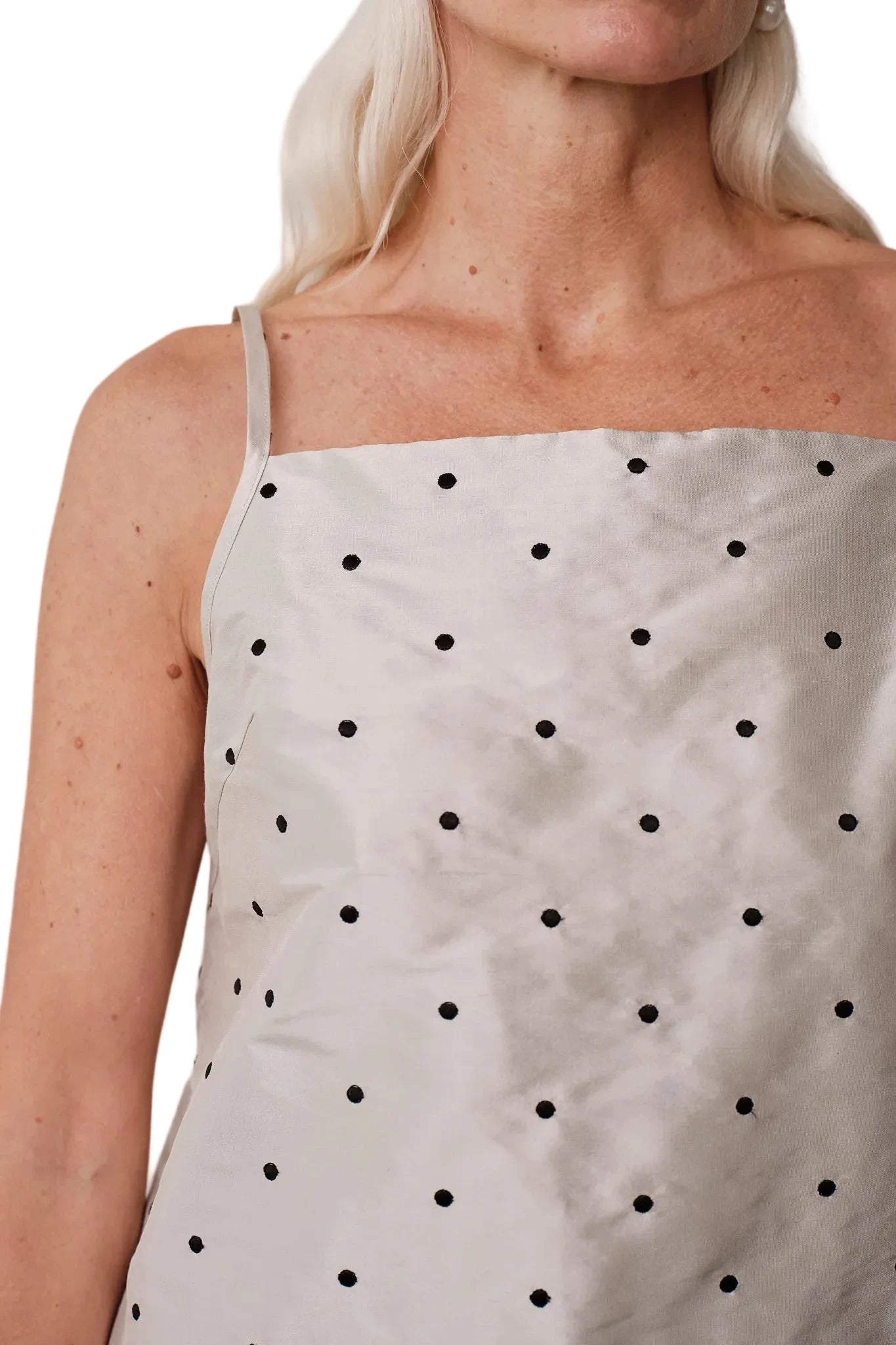 DONNI. Taffeta Mini Dress in Silver/Black Polka Dots