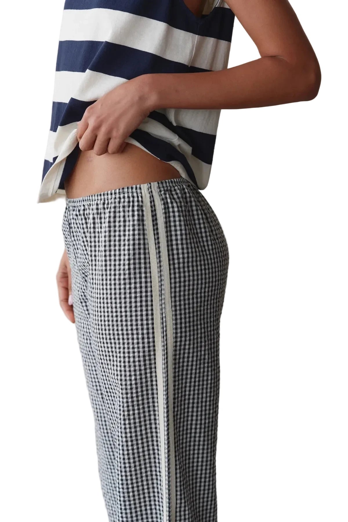 DONNI. Cotton Gingham Stripe Crop Pant in Jet