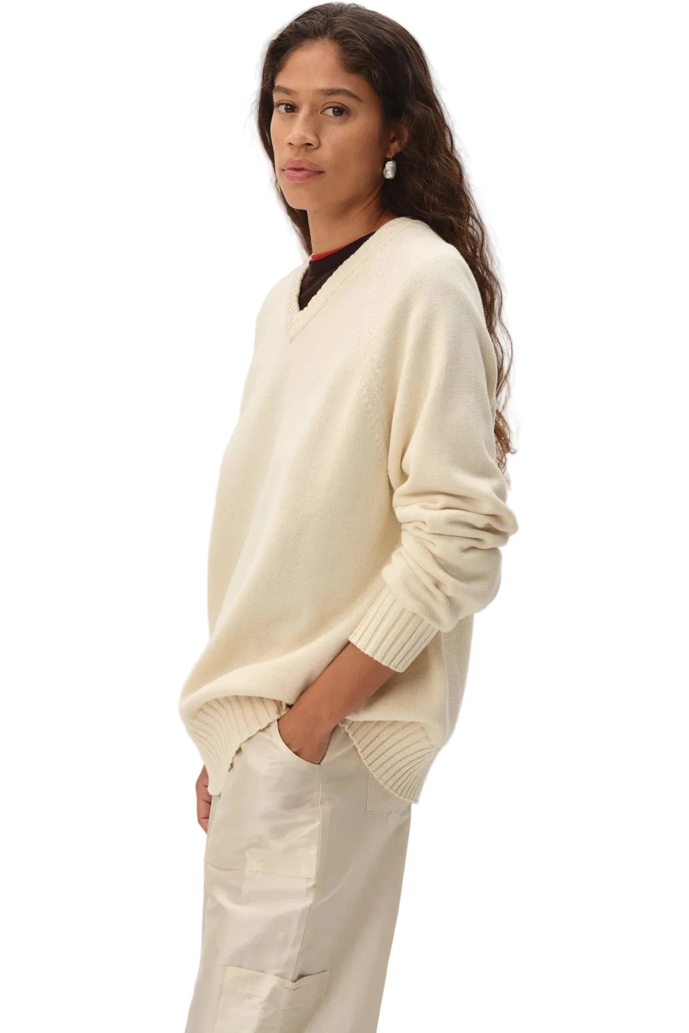 DONNI. Cotton Knit V-Neck Sweater in Creme