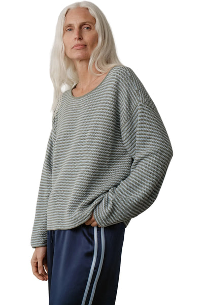 DONNI. Cotton Knit Stripe Sweater in Dill/Cloud