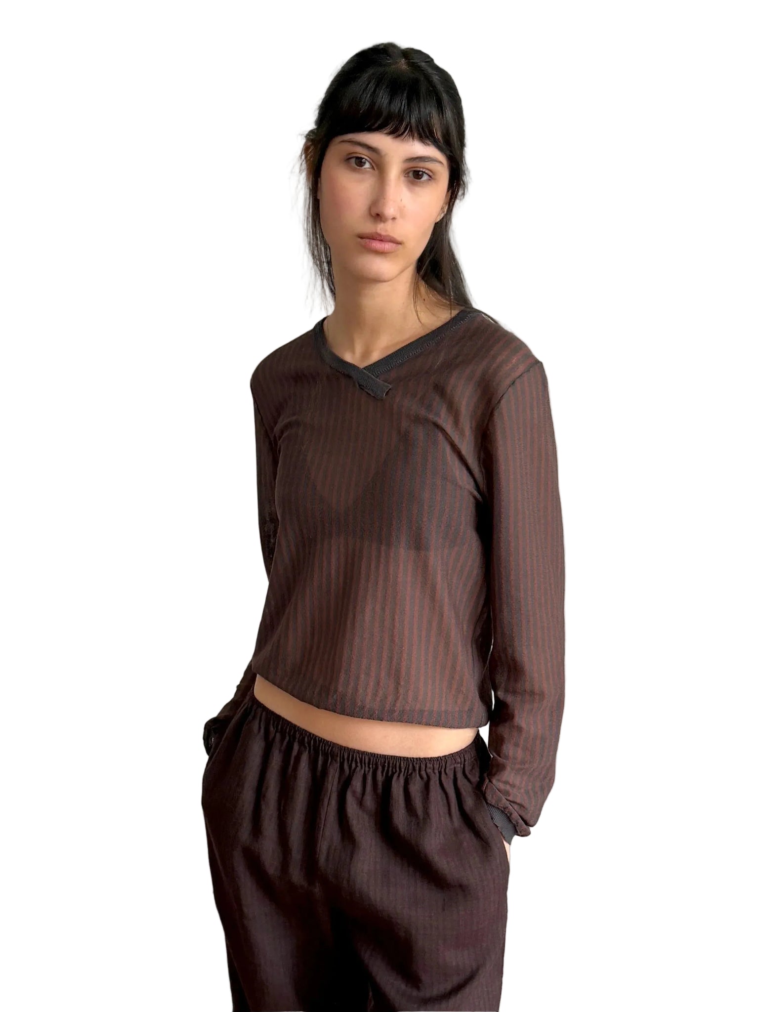 Deiji Studios Stripe Long Sleeve Top in Brown/Grey Stripe