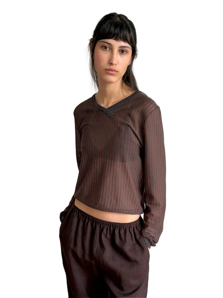 Deiji Studios Stripe Long Sleeve Top in Brown/Grey Stripe