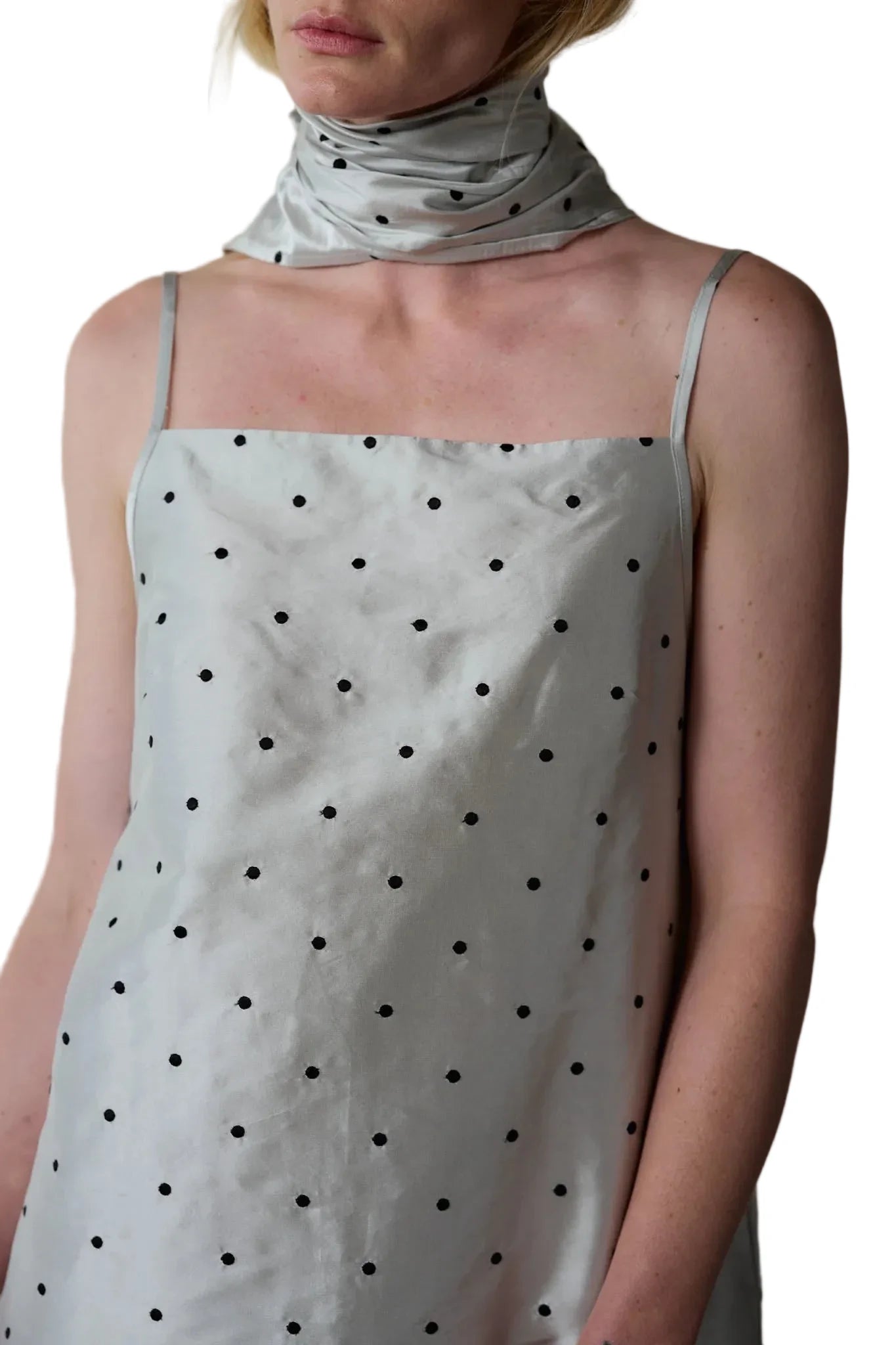 DONNI. Taffeta Mini Dress in Silver/Black Polka Dots
