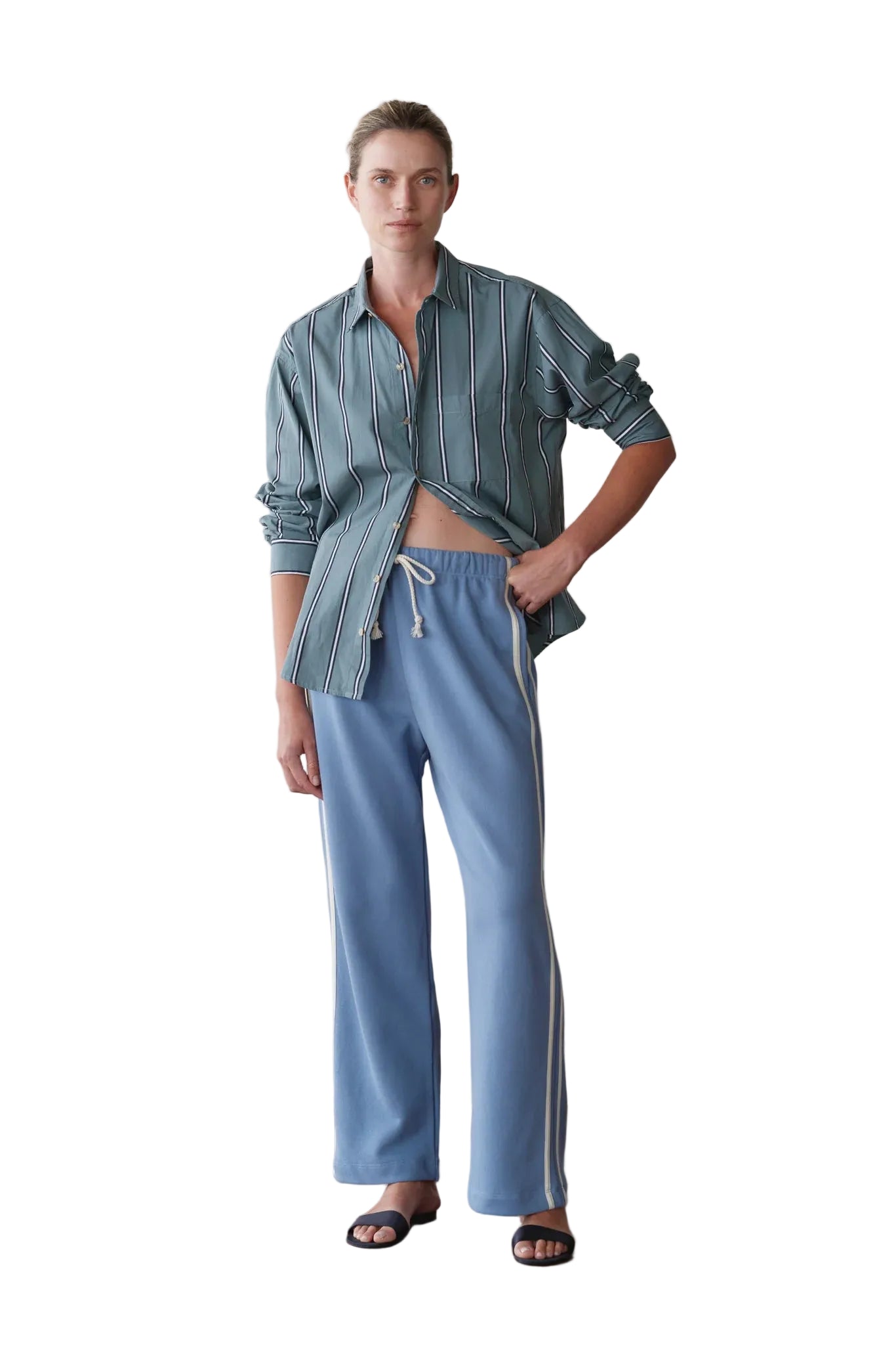 DONNI. Eco-Terry Stripe Crop Pant in Cornflower