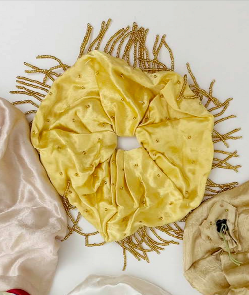 Tigra Tigra Beaded Fringe XL Scrunchie in Yellow/Gold Beads