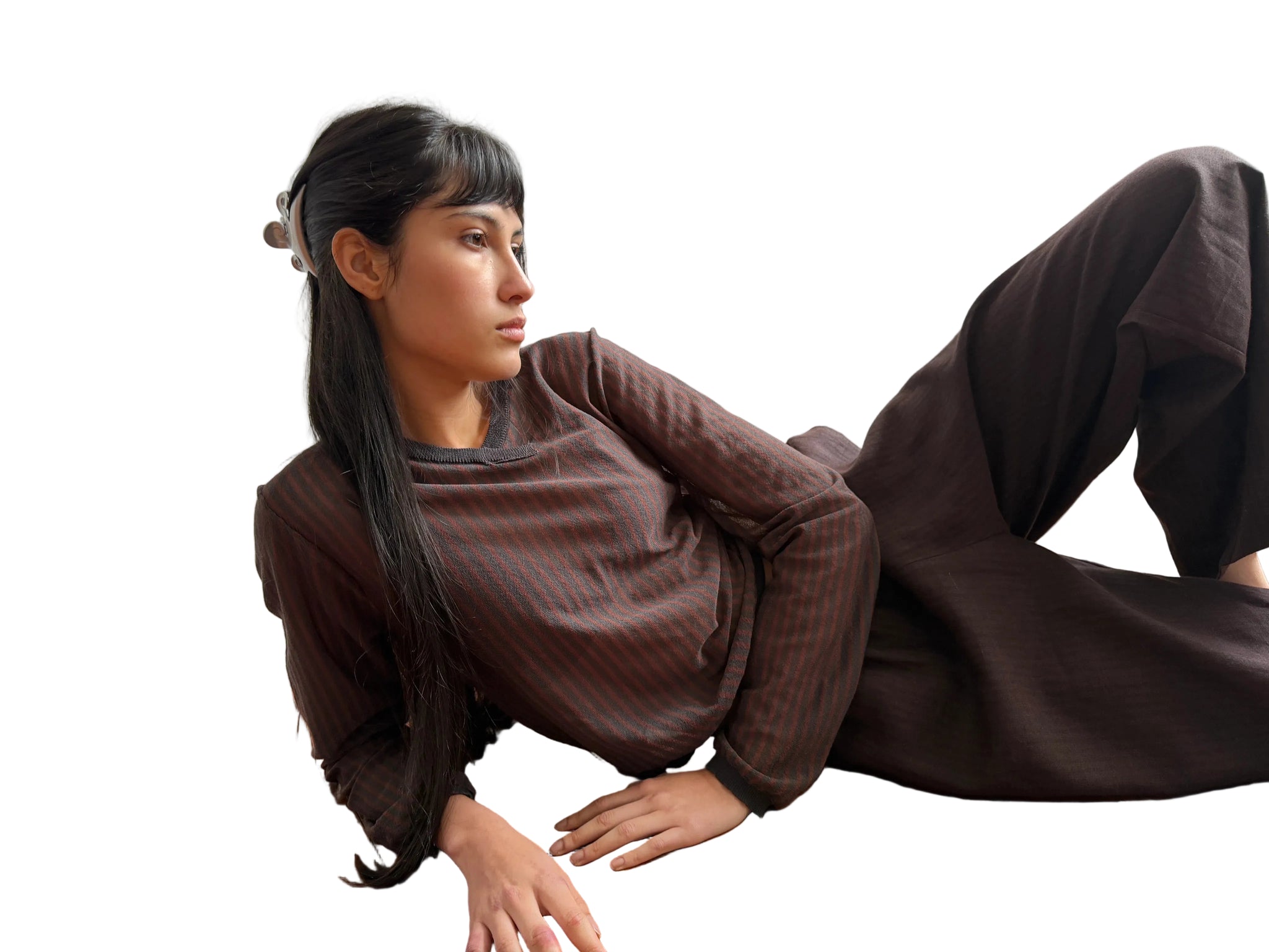 Deiji Studios Stripe Long Sleeve Top in Brown/Grey Stripe