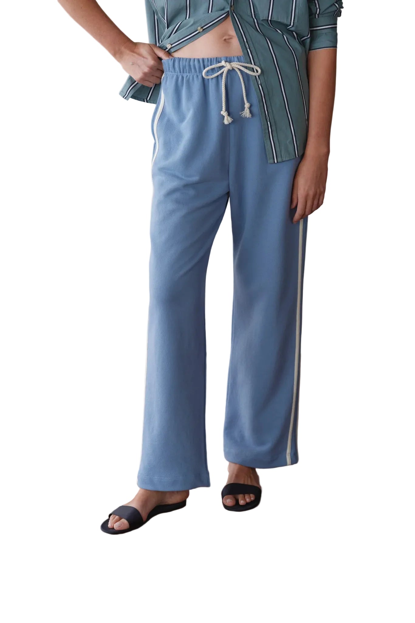 DONNI. Eco-Terry Stripe Crop Pant in Cornflower