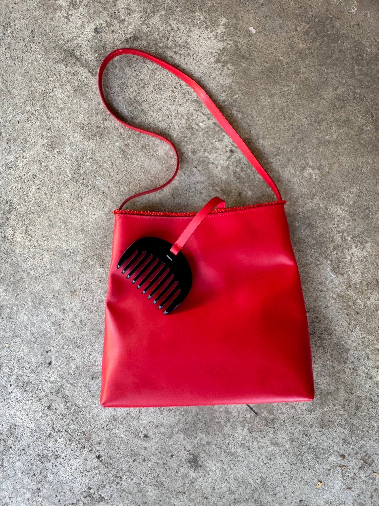 Merrma Earth Bead Leather Bag with Comb in Red Cinnabar