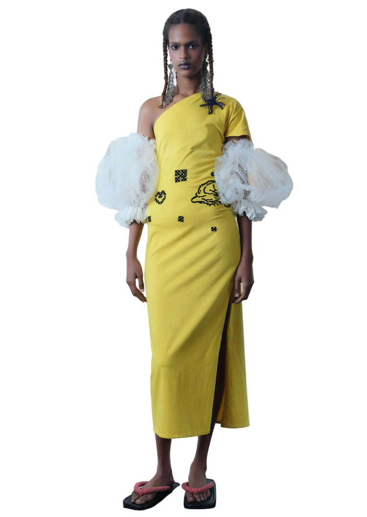 Tigra Tigra T-Shirt Dress with Tiger/Rabari Embroidery in Yellow/Black