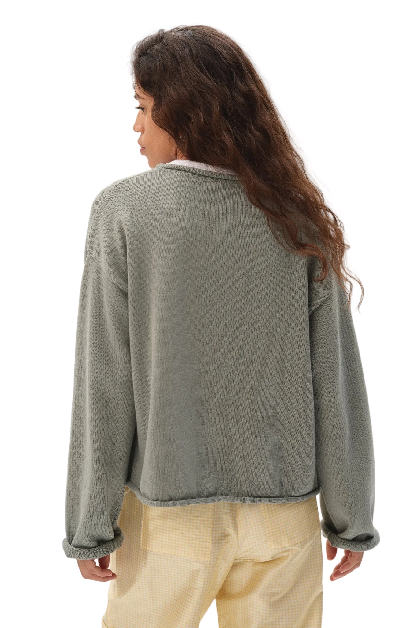 DONNI. Cotton Knit Roll Cardigan in Sage