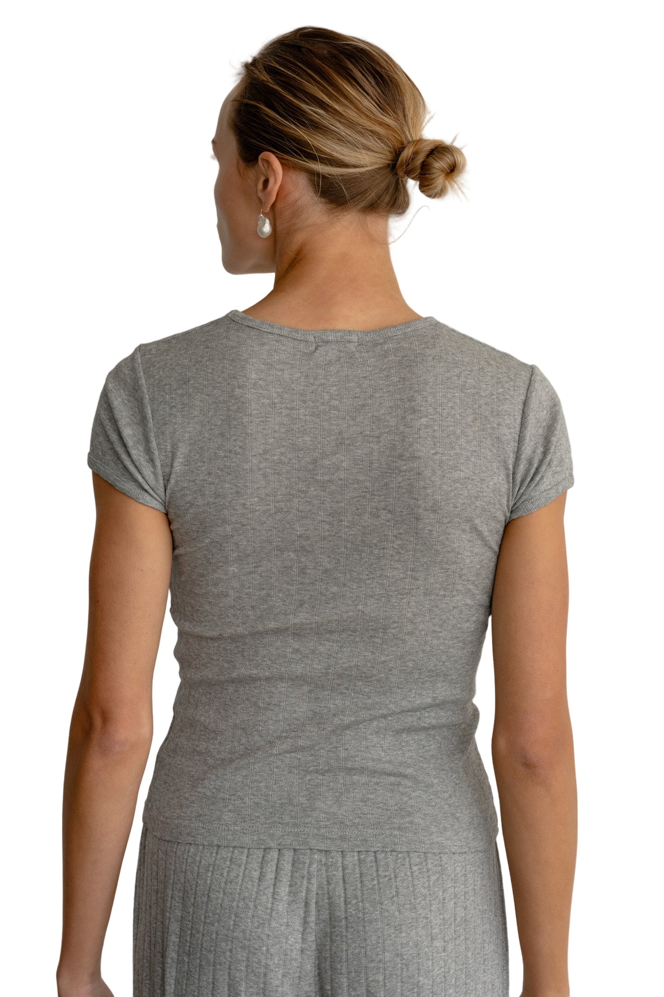 DONNI. Pointelle Baby Tee in Heather Grey