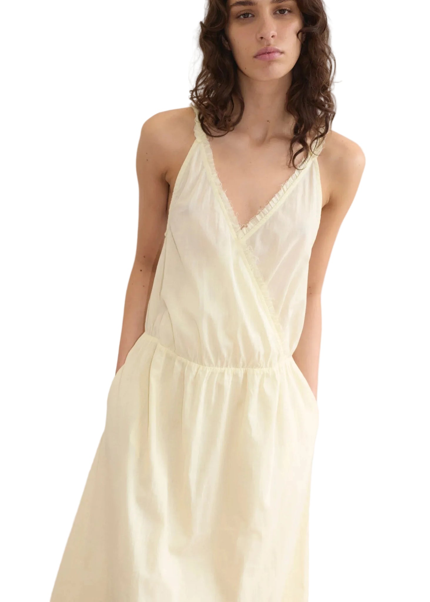 Deiji Studios Crossed Dress in Soft Yellow Stripe