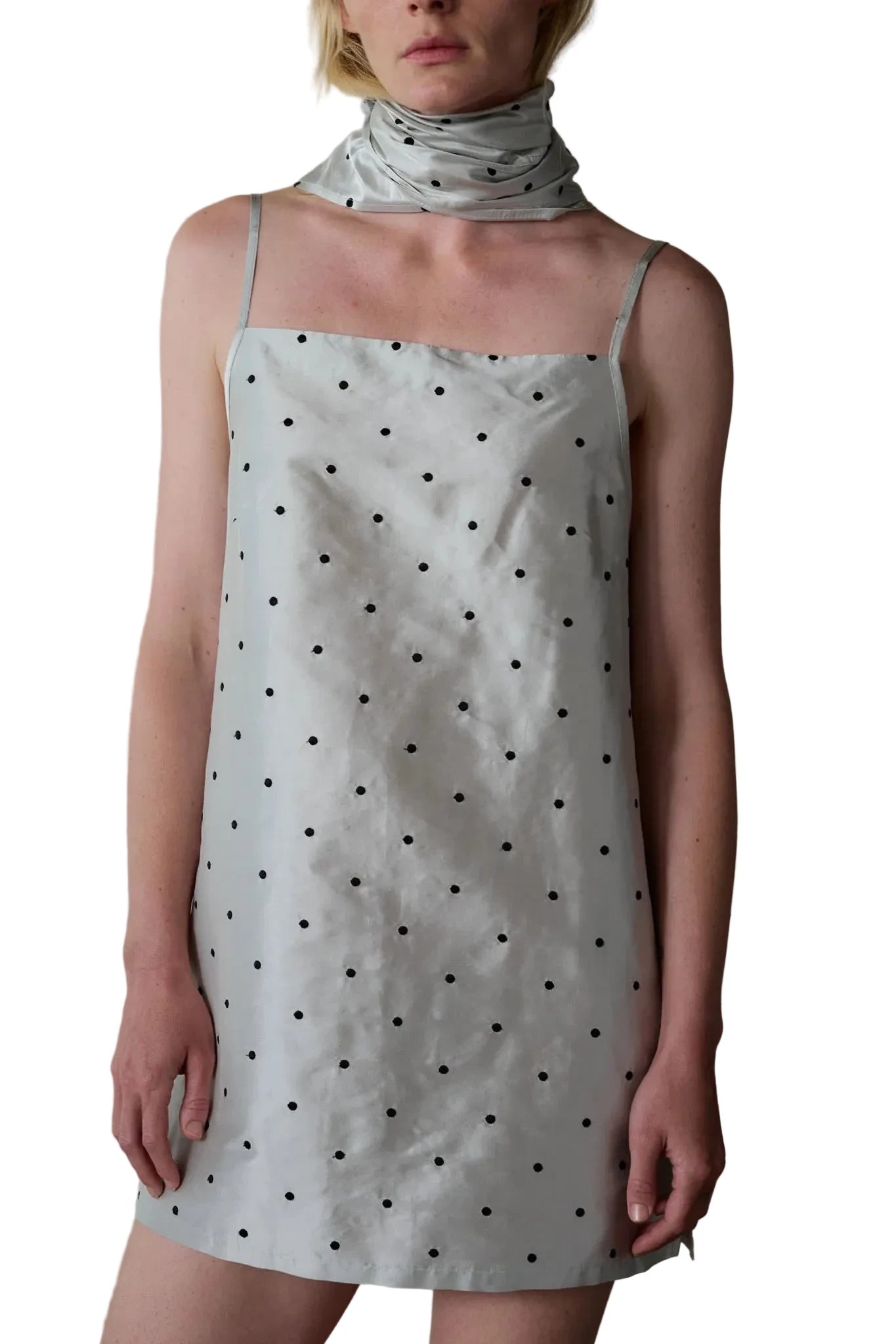 DONNI. Taffeta Mini Dress in Silver/Black Polka Dots