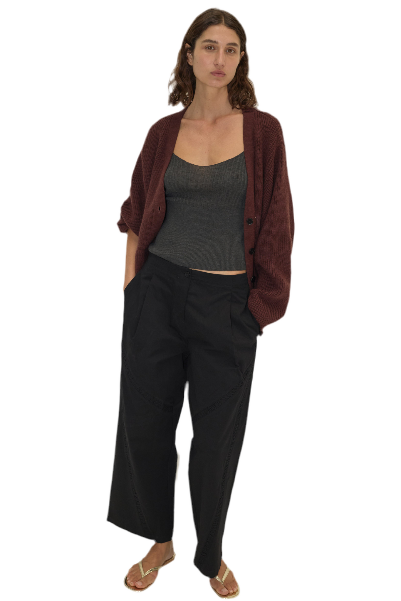 Deiji Studios Flounce Cardigan in Burgundy