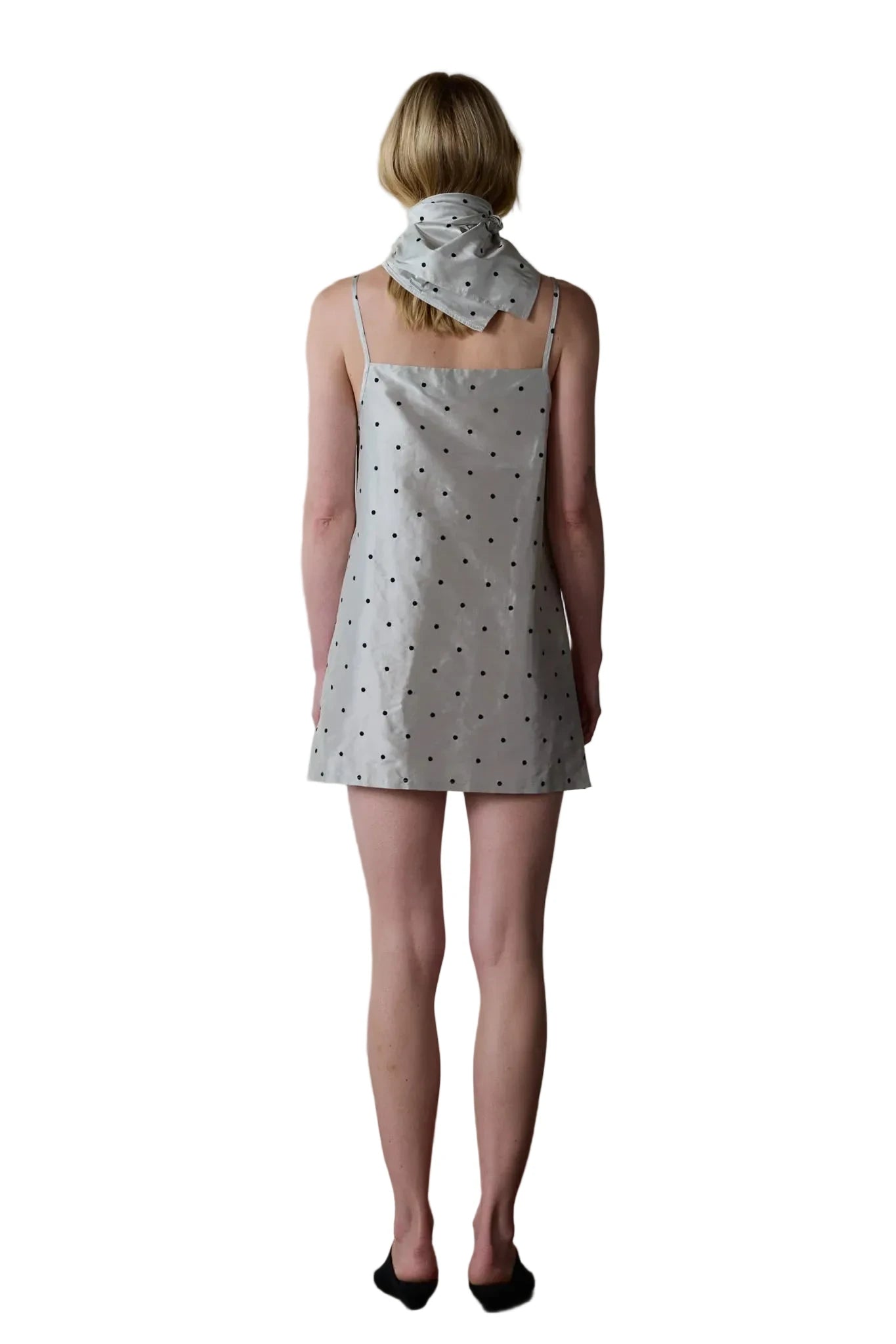 DONNI. Taffeta Mini Dress in Silver/Black Polka Dots