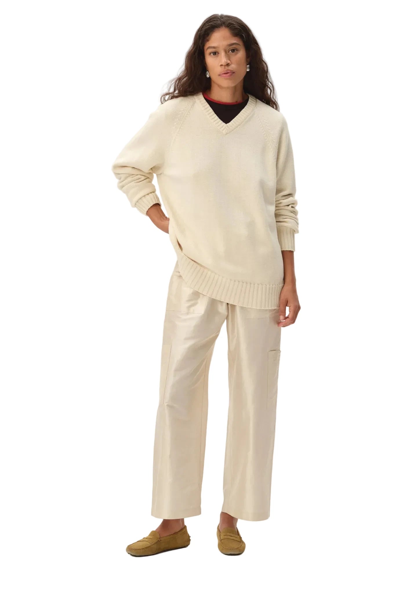 DONNI. Cotton Knit V-Neck Sweater in Creme
