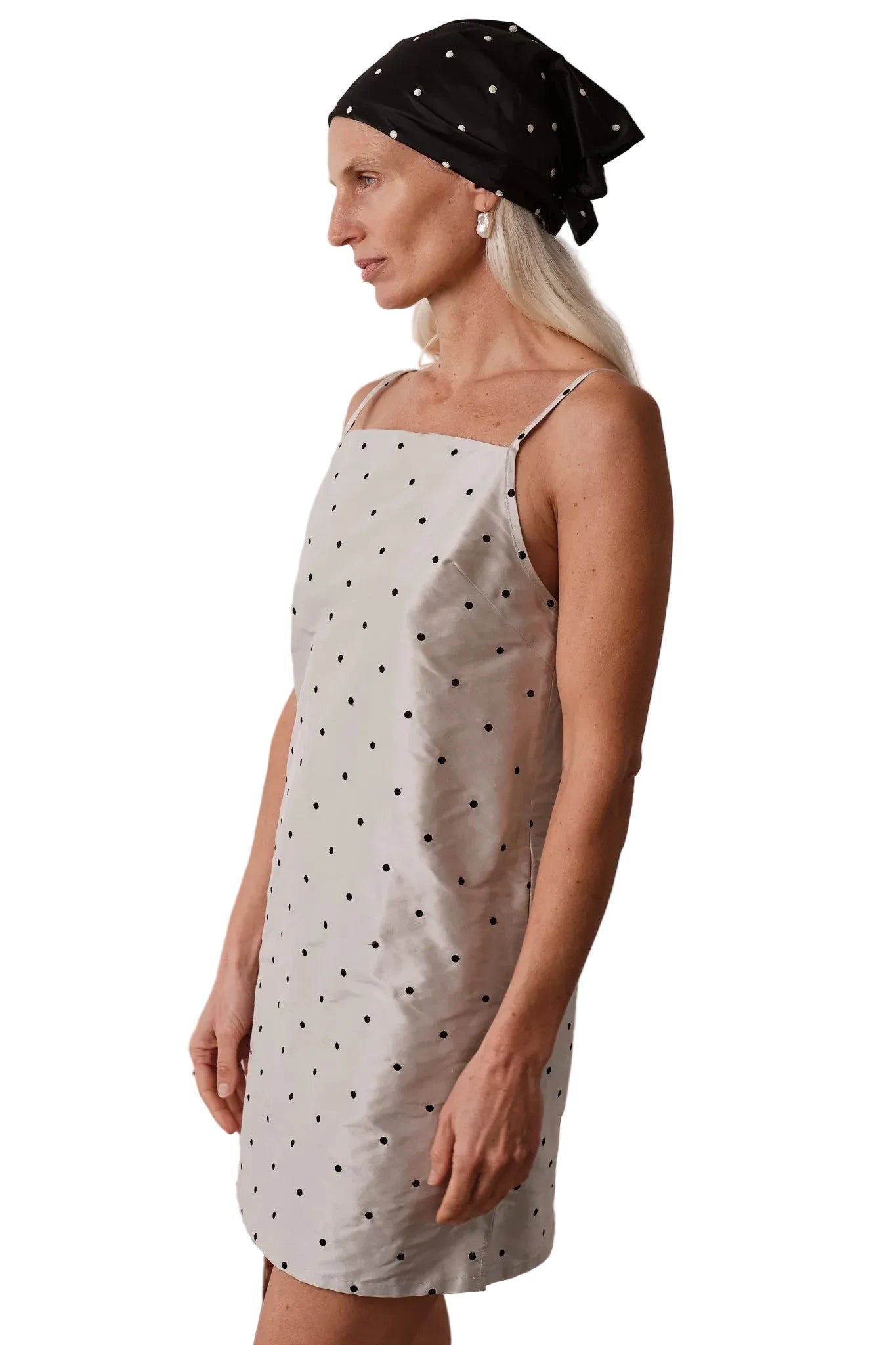 DONNI. Taffeta Mini Dress in Silver/Black Polka Dots
