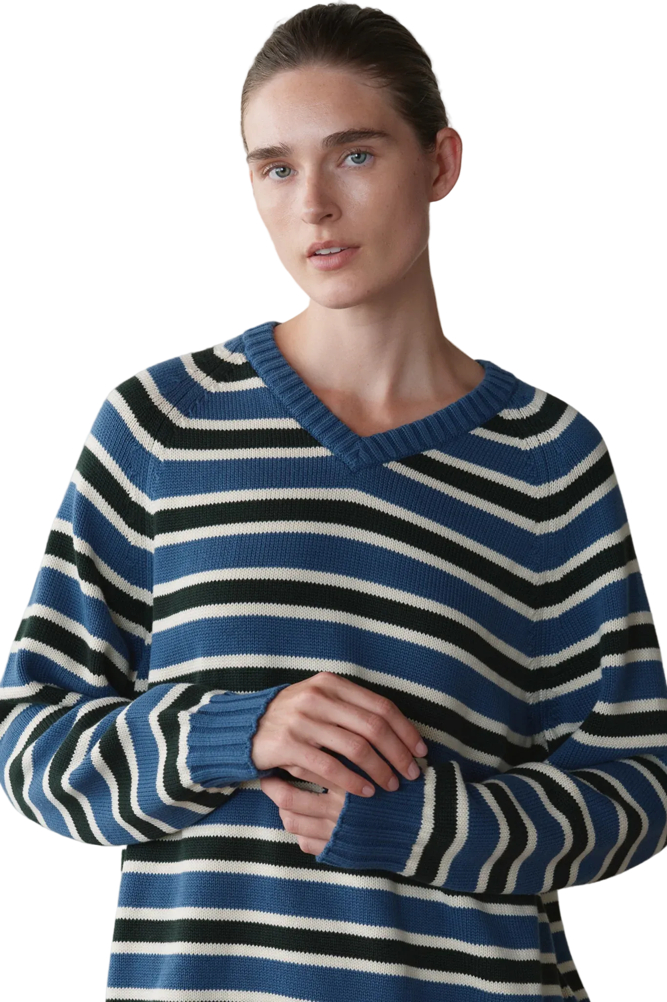 DONNI. Cotton Knit Stripe V-Neck Sweater in Lake/Creme/Fir
