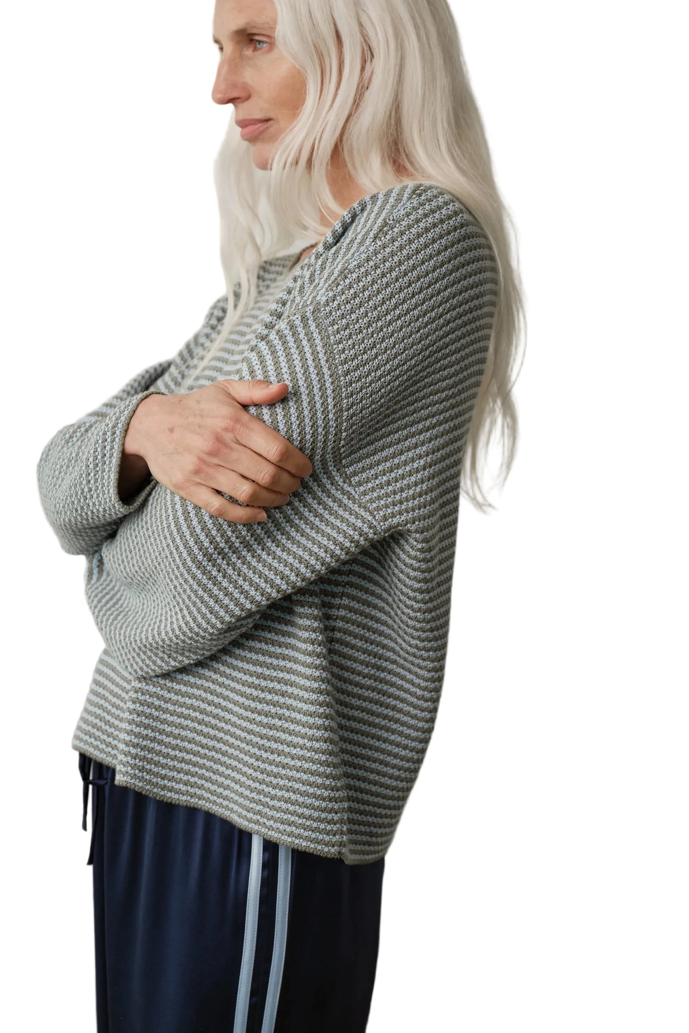 DONNI. Cotton Knit Stripe Sweater in Dill/Cloud
