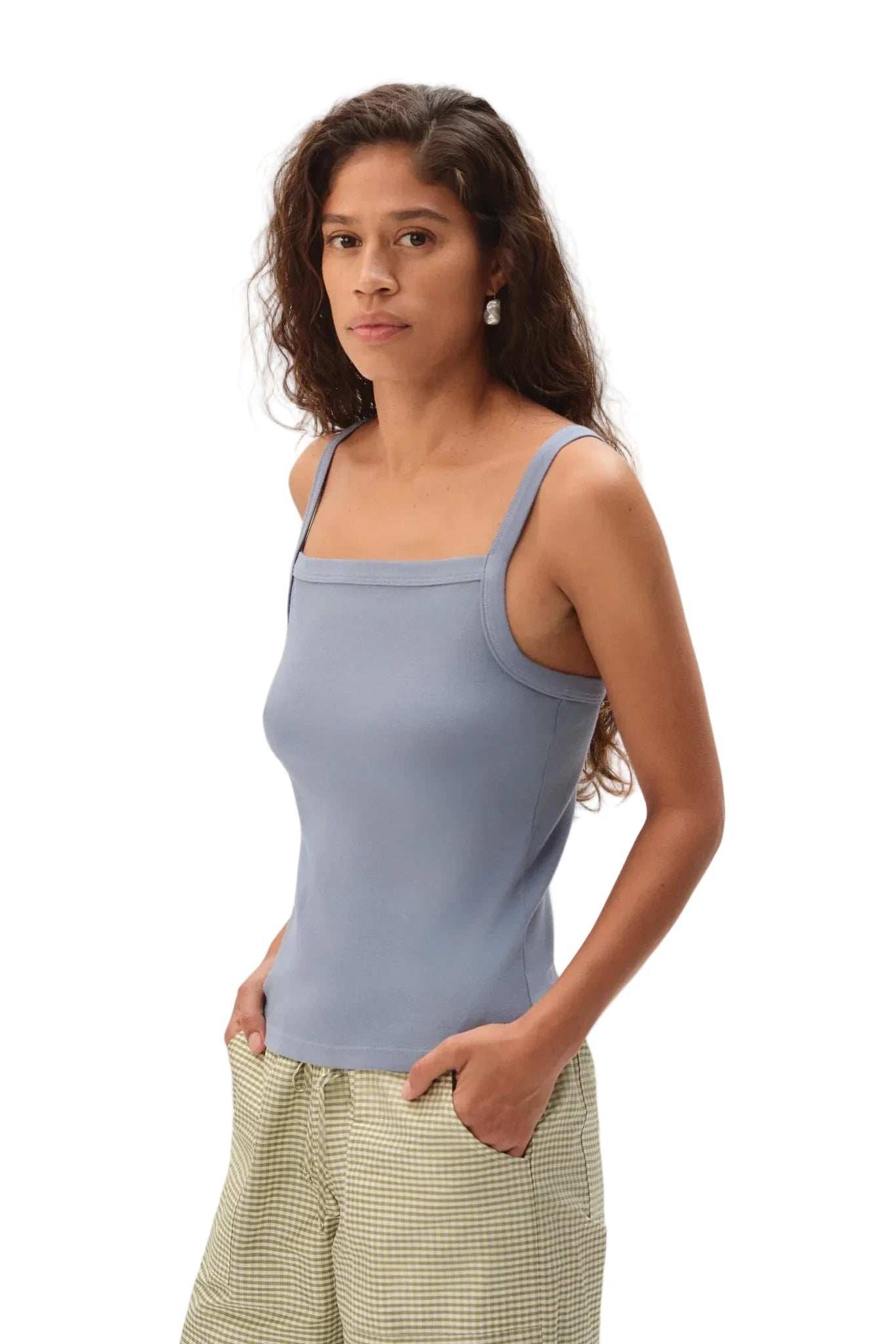 DONNI. Baby Rib Square Neck Tank in Cornflower