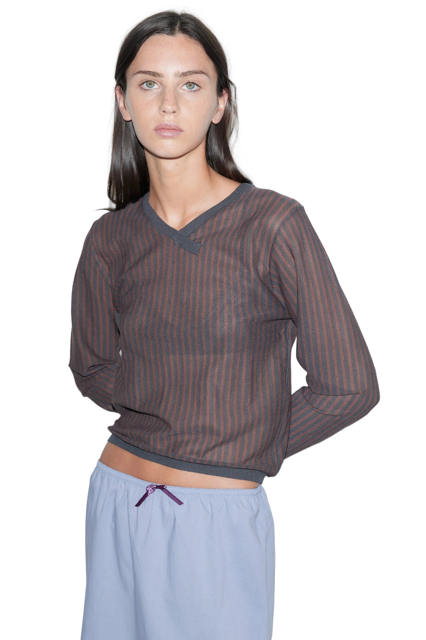 Deiji Studios Stripe Long Sleeve Top in Brown/Grey Stripe