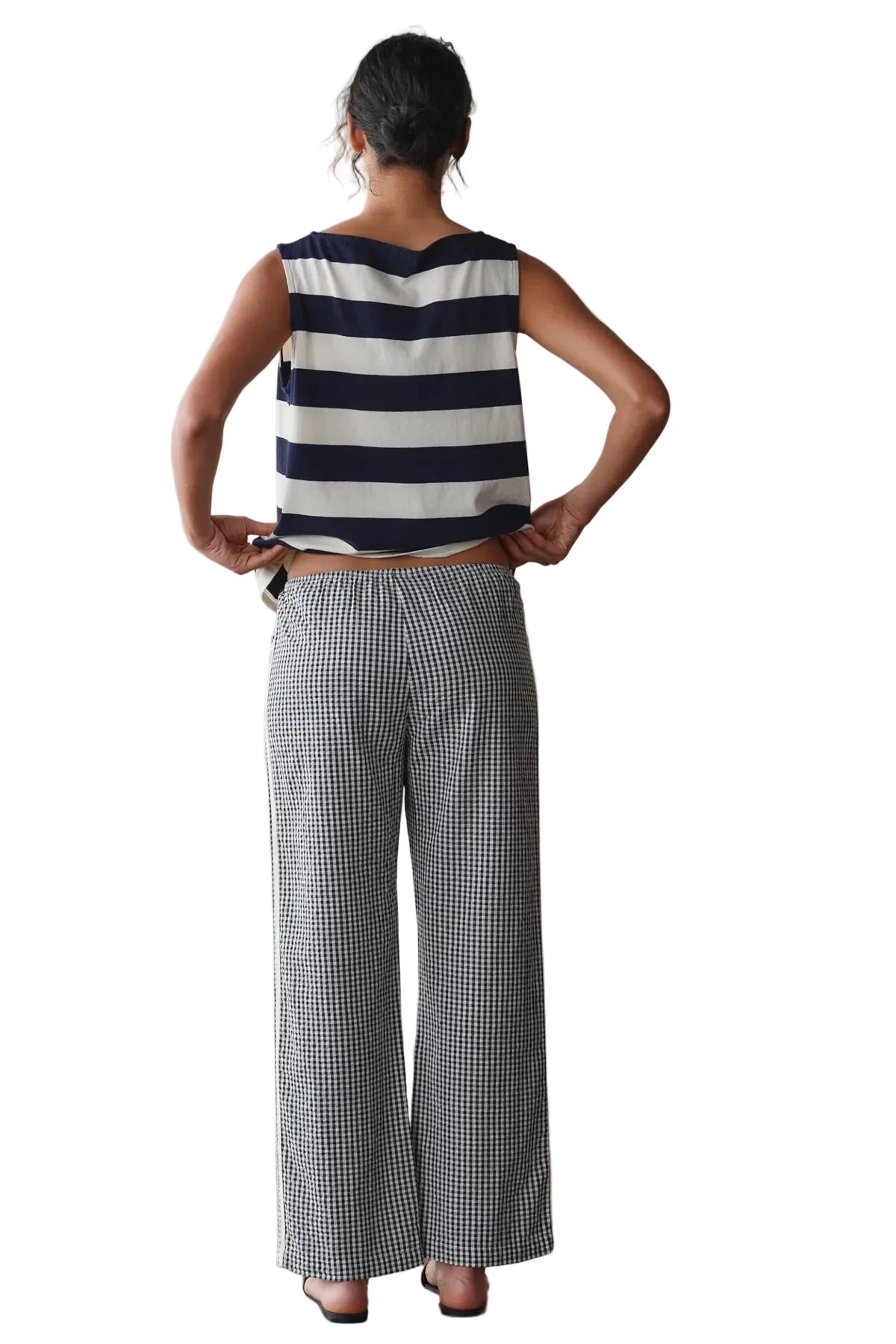 DONNI. Cotton Gingham Stripe Crop Pant in Jet