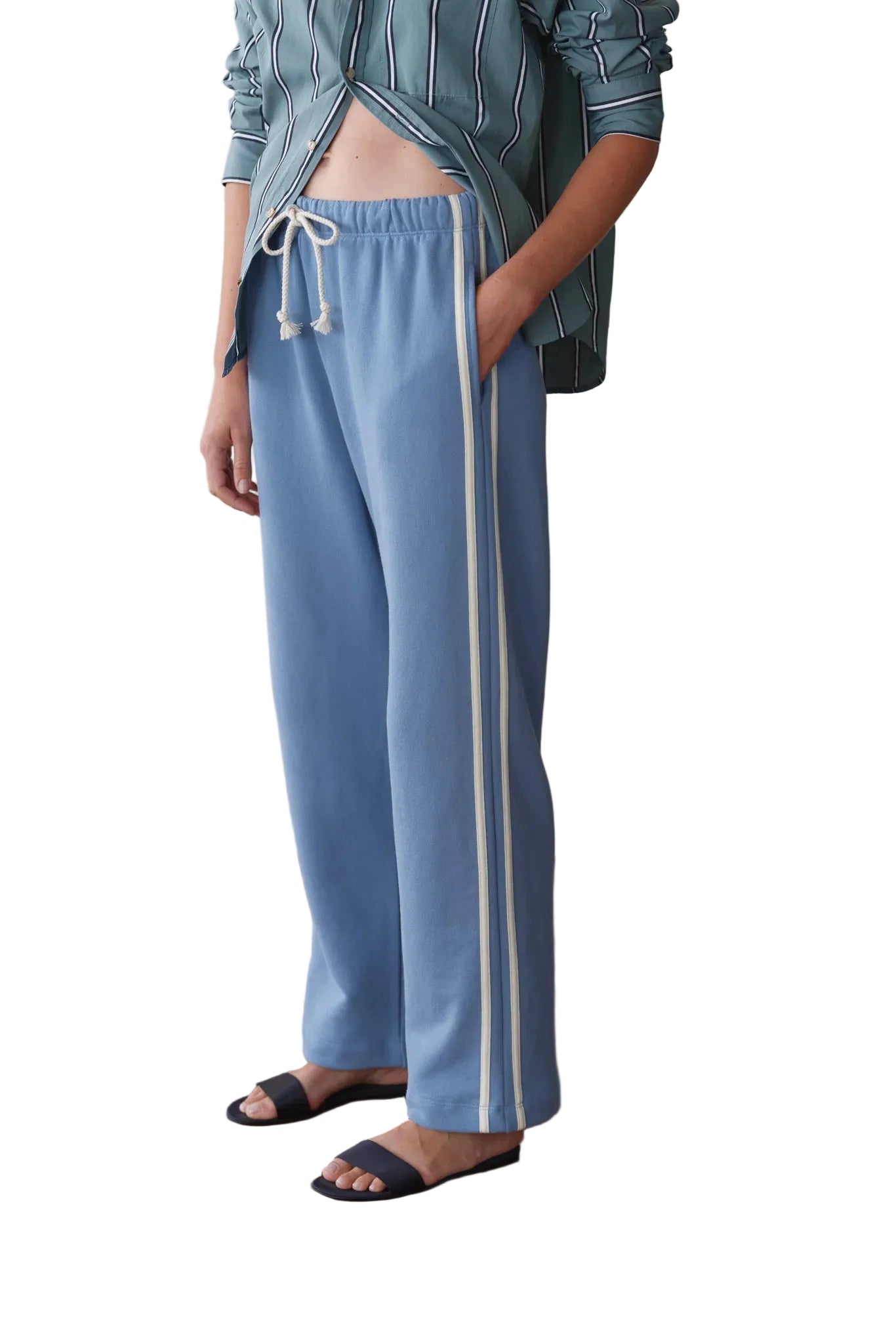 DONNI. Eco-Terry Stripe Crop Pant in Cornflower