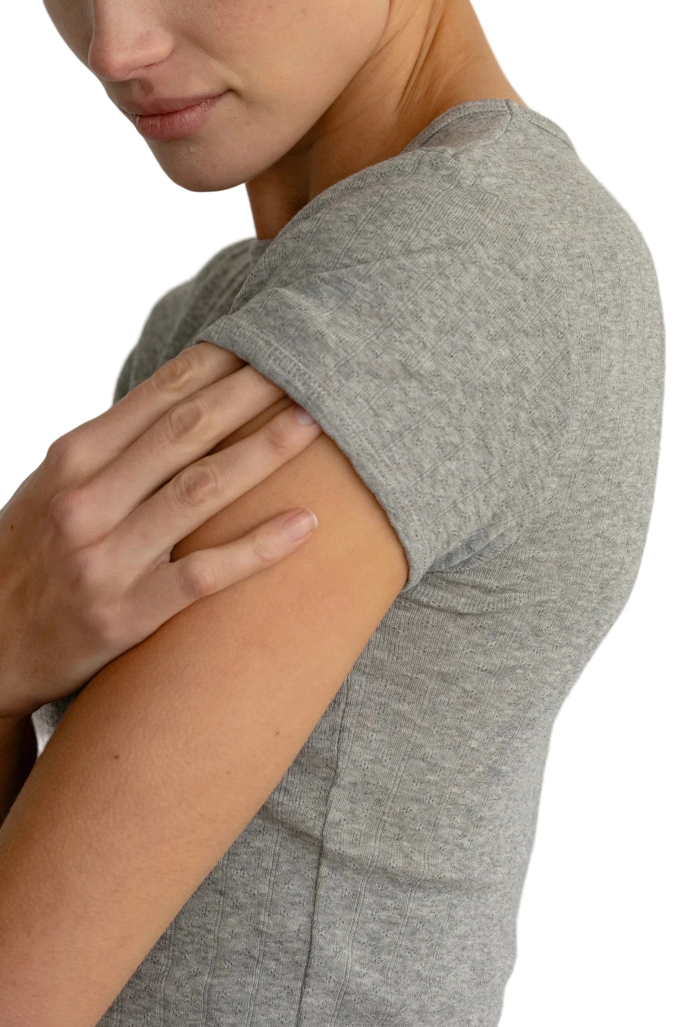 DONNI. Pointelle Baby Tee in Heather Grey