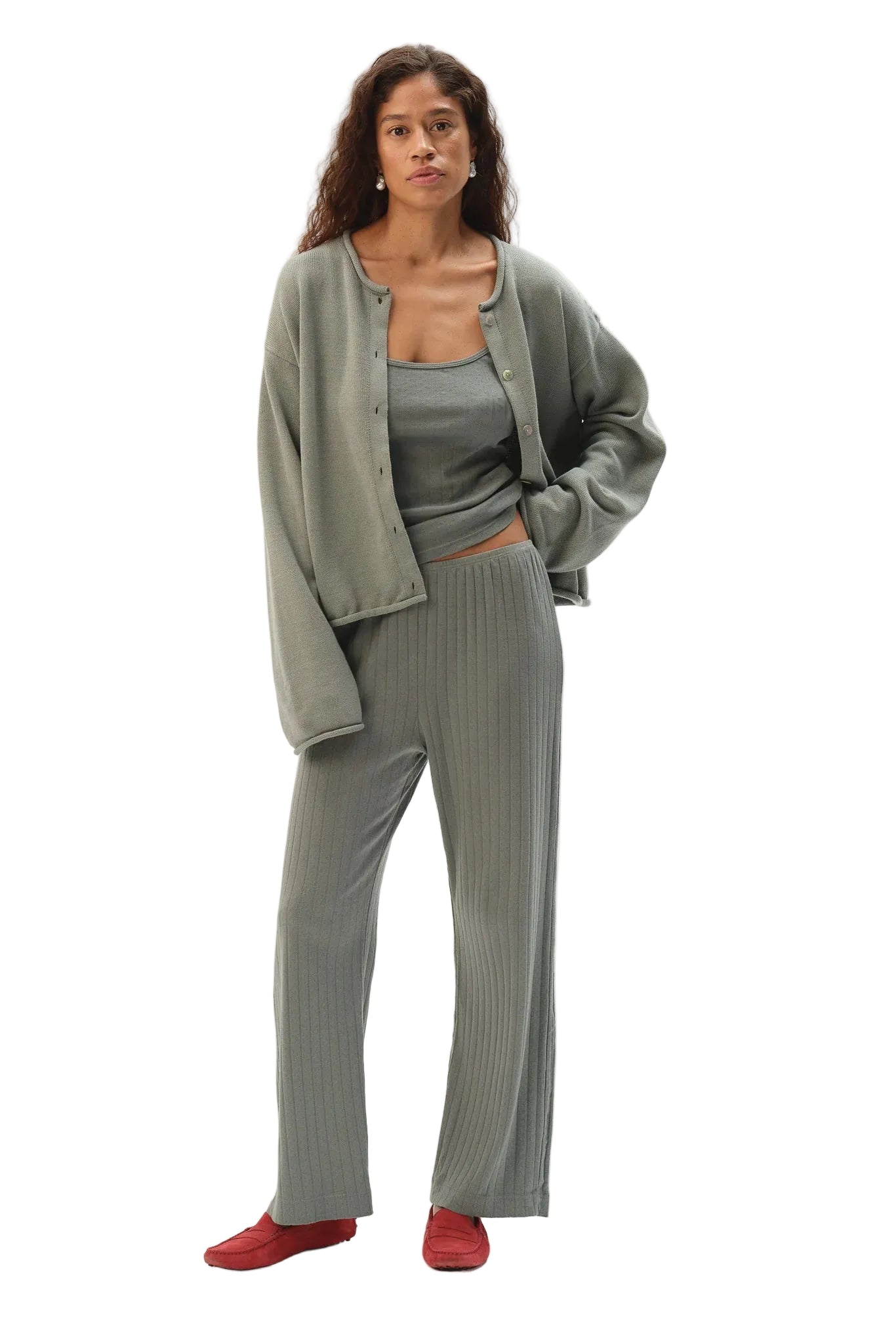 DONNI. Pointelle Simple Crop Pant in Sage