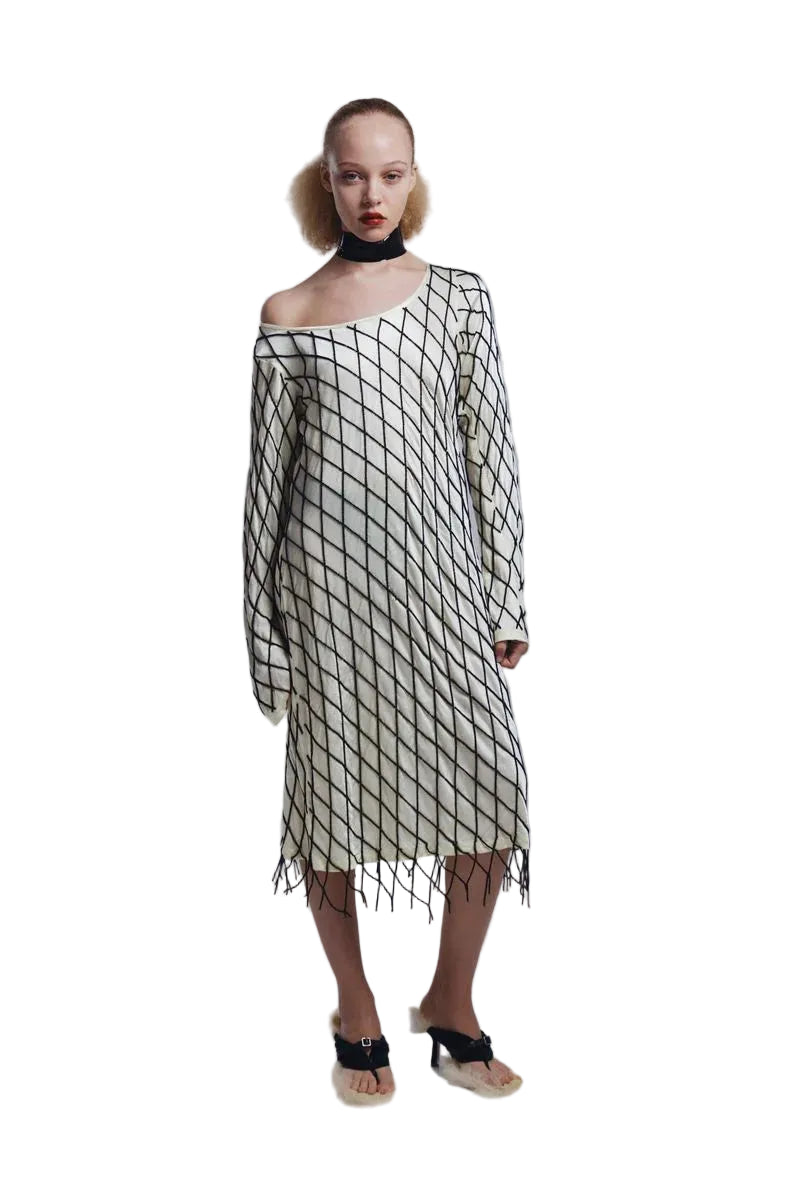 Tigra Tigra Off The Shoulder Beaded Dress in Pale Yellow/Black
