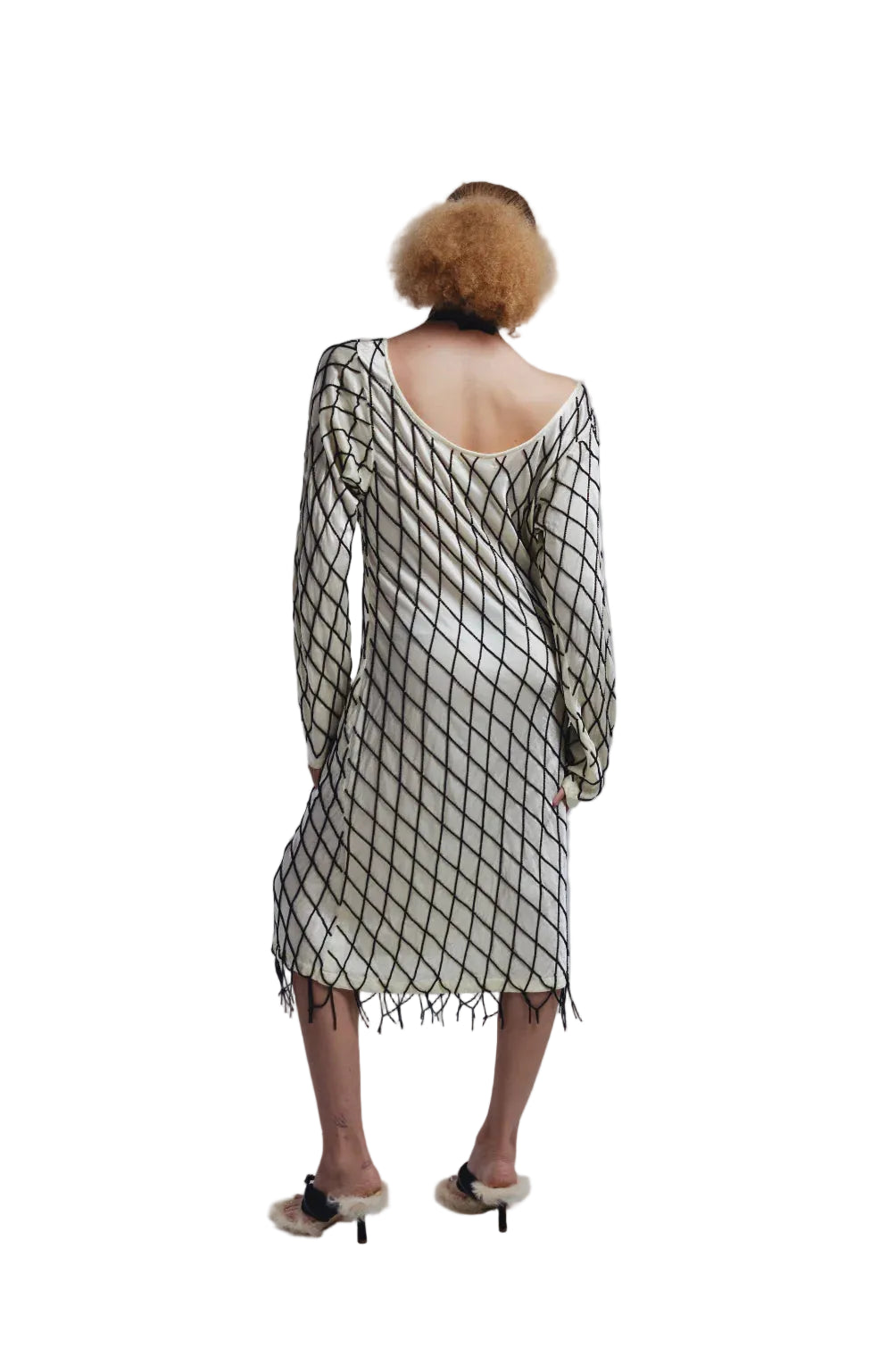 Tigra Tigra Off The Shoulder Beaded Dress in Pale Yellow/Black